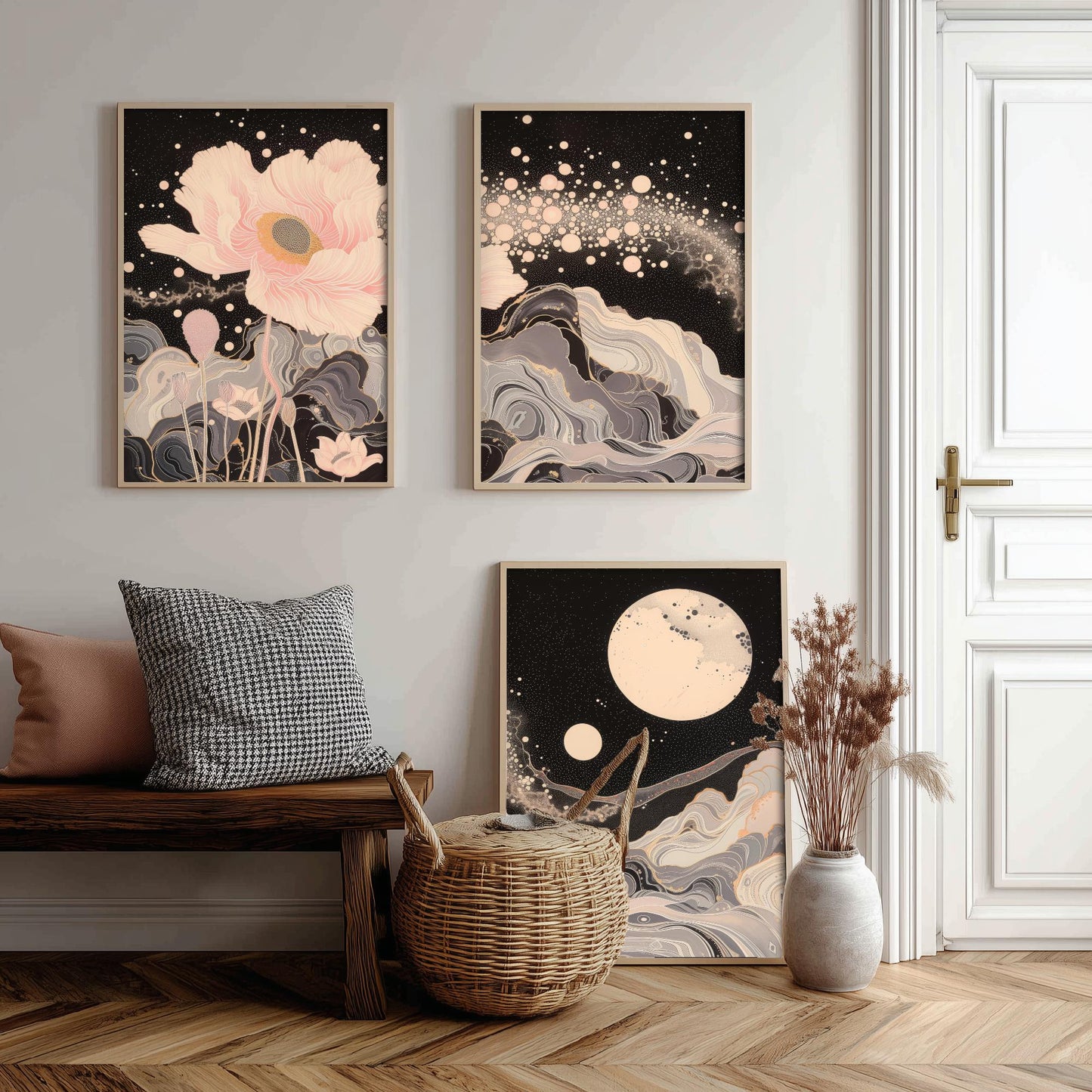 Youtan Poluo Pink and Grey Flower Set of Three Art Prints - 3 Mythical Bloom Moon Panels - Wall Art Poster Illustration pinkbrot