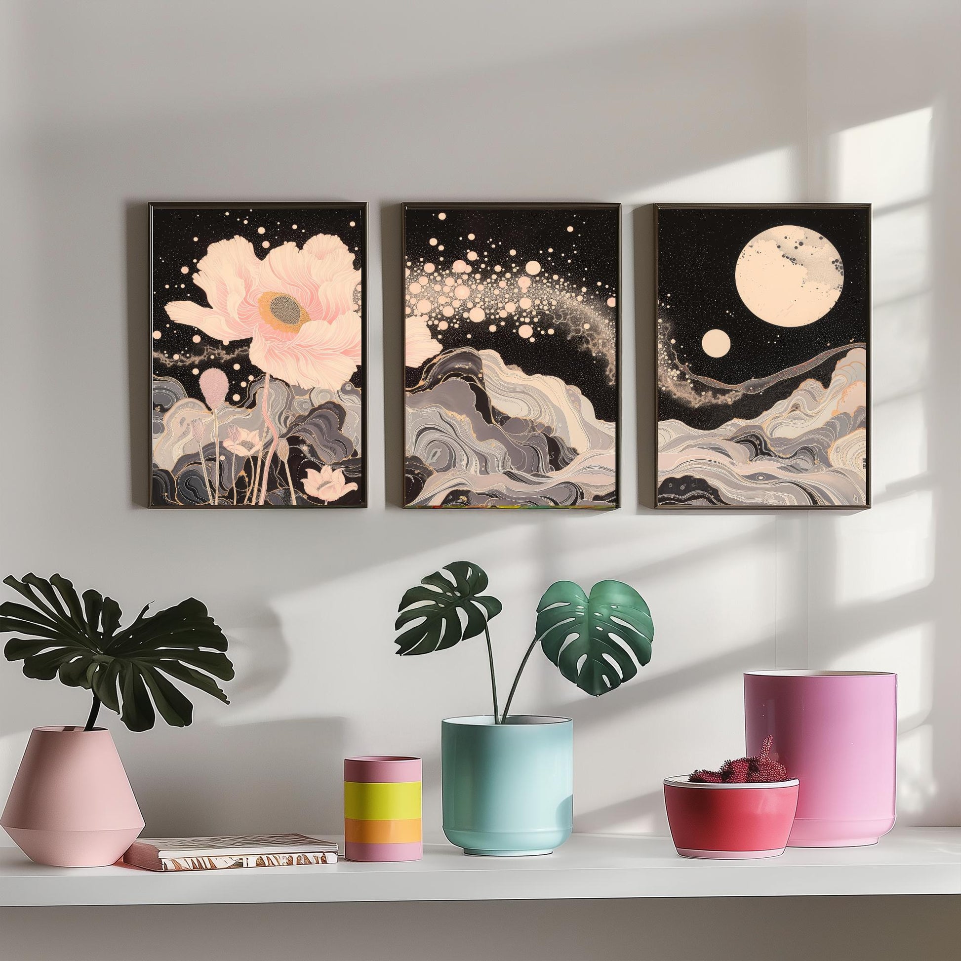 Youtan Poluo Pink and Grey Flower Set of Three Art Prints - 3 Mythical Bloom Moon Panels - Wall Art Poster Illustration pinkbrot