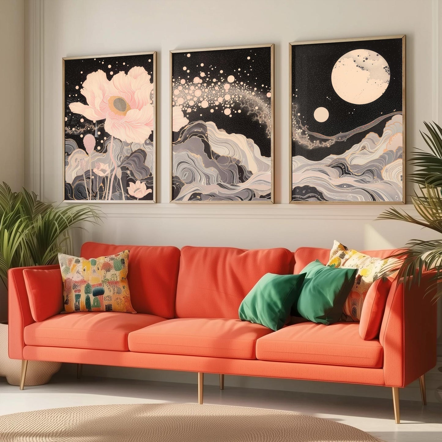 Youtan Poluo Pink and Grey Flower Set of Three Art Prints - 3 Mythical Bloom Moon Panels - Wall Art Poster Illustration pinkbrot