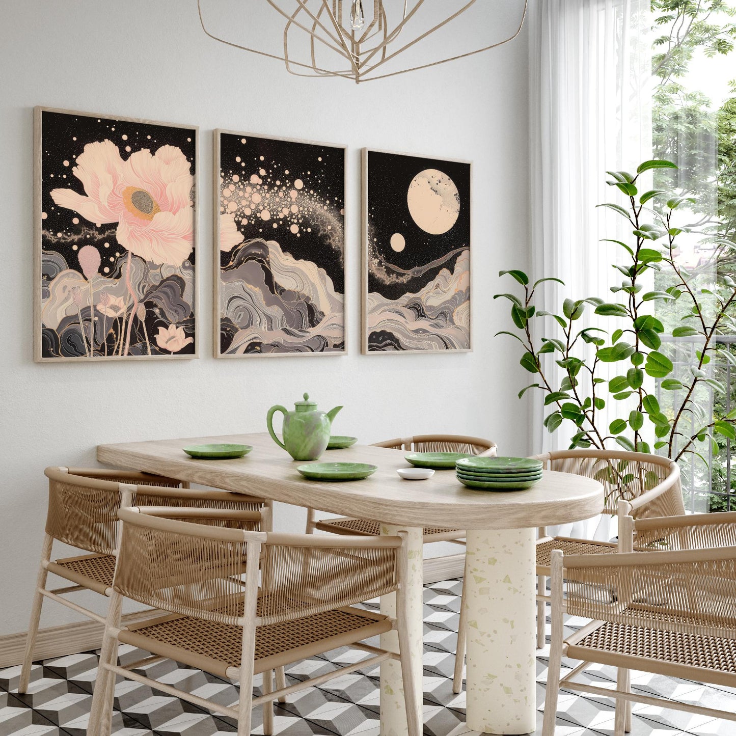Youtan Poluo Pink and Grey Flower Set of Three Art Prints - 3 Mythical Bloom Moon Panels - Wall Art Poster Illustration pinkbrot