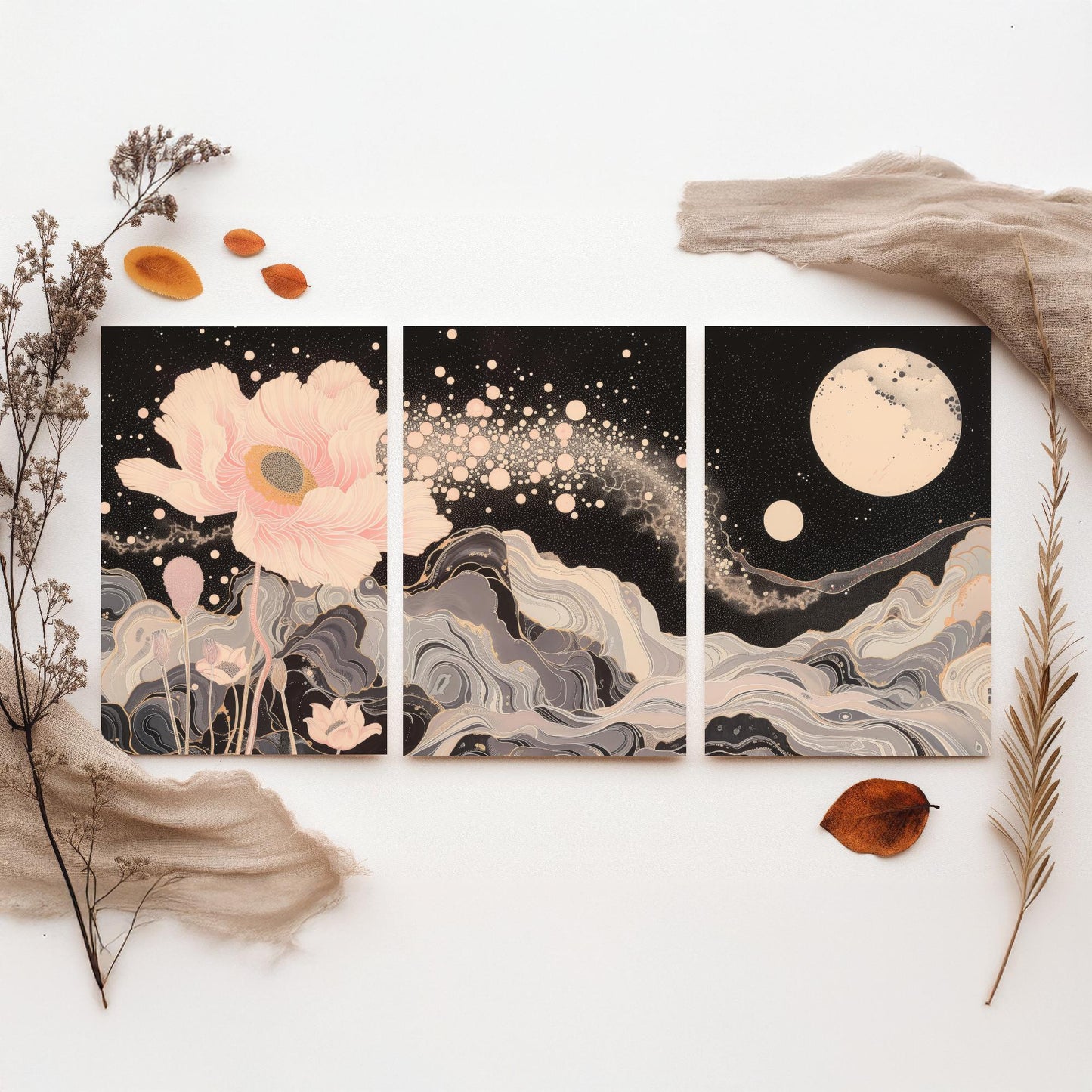 Youtan Poluo Pink and Grey Flower Set of Three Art Prints - 3 Mythical Bloom Moon Panels - Wall Art Poster Illustration pinkbrot