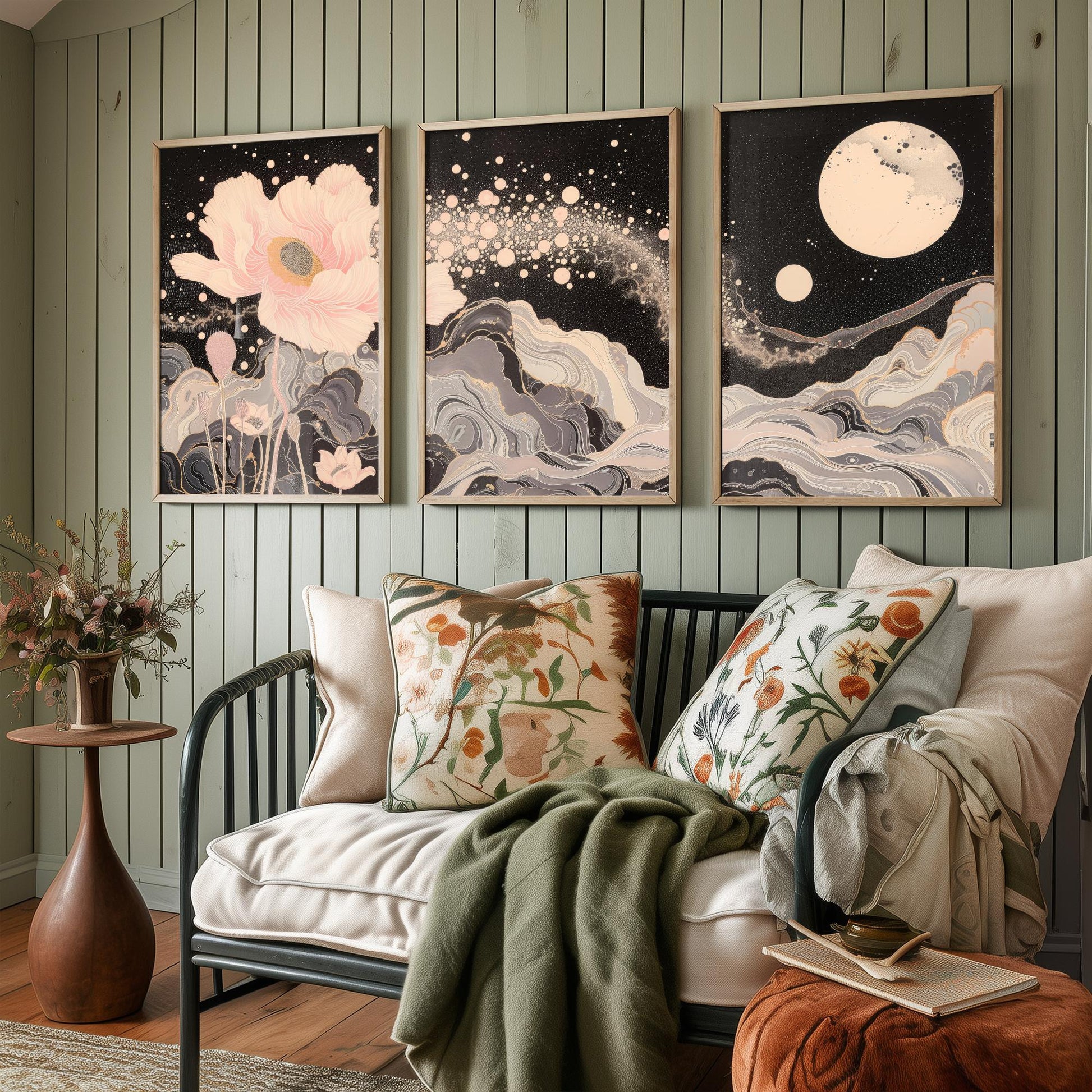 Youtan Poluo Pink and Grey Flower Set of Three Art Prints - 3 Mythical Bloom Moon Panels - Wall Art Poster Illustration pinkbrot