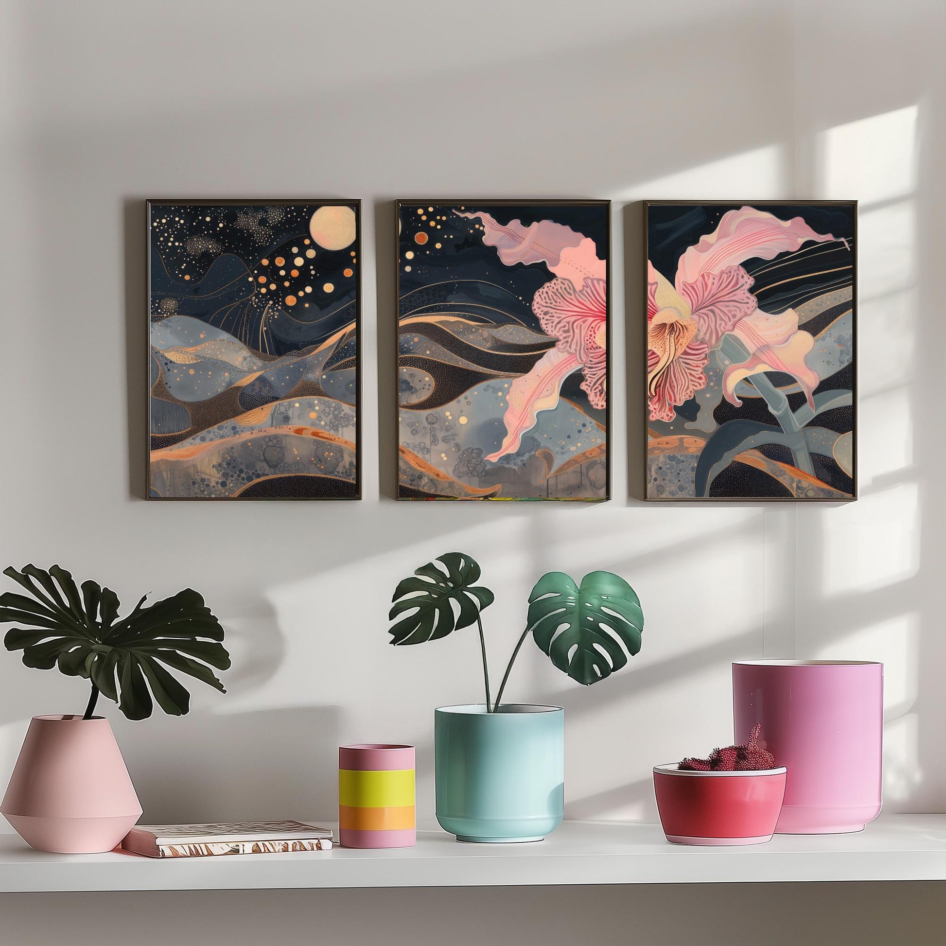 Pink Flower Sparkles and Moon Set of Three Art Prints - 3 Celestial Bloom Panels - Wall Art Poster Illustration Gift pinkbrot
