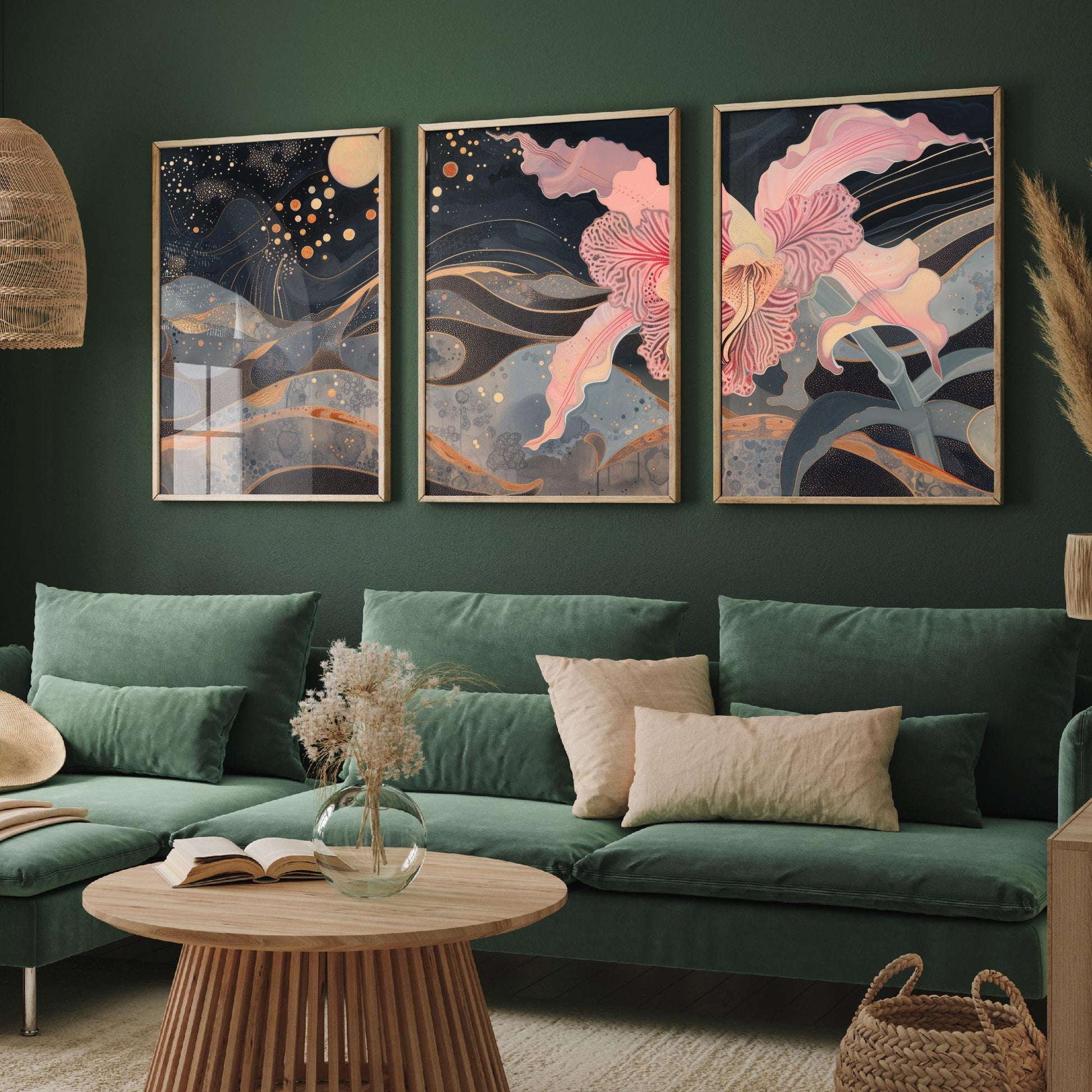 Pink Flower Sparkles and Moon Set of Three Art Prints - 3 Celestial Bloom Panels - Wall Art Poster Illustration Gift pinkbrot
