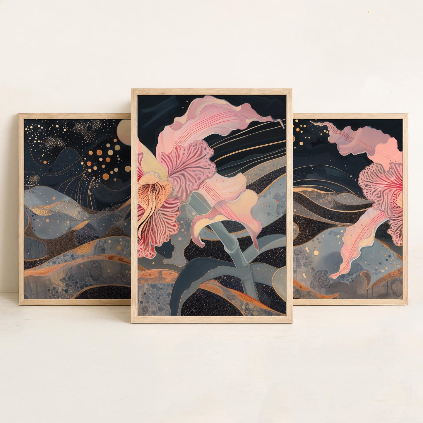 Pink Flower Sparkles and Moon Set of Three Art Prints - 3 Celestial Bloom Panels - Wall Art Poster Illustration Gift pinkbrot