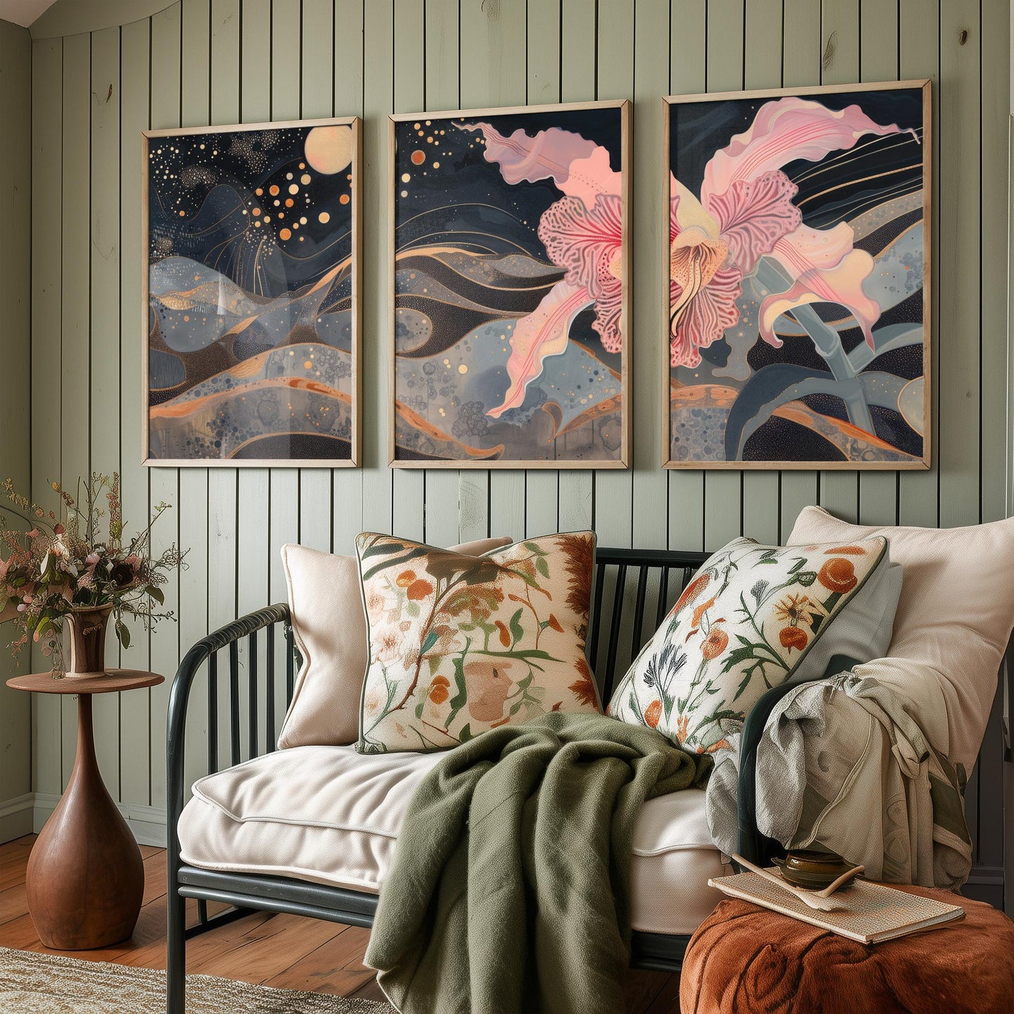 Pink Flower Sparkles and Moon Set of Three Art Prints - 3 Celestial Bloom Panels - Wall Art Poster Illustration Gift pinkbrot