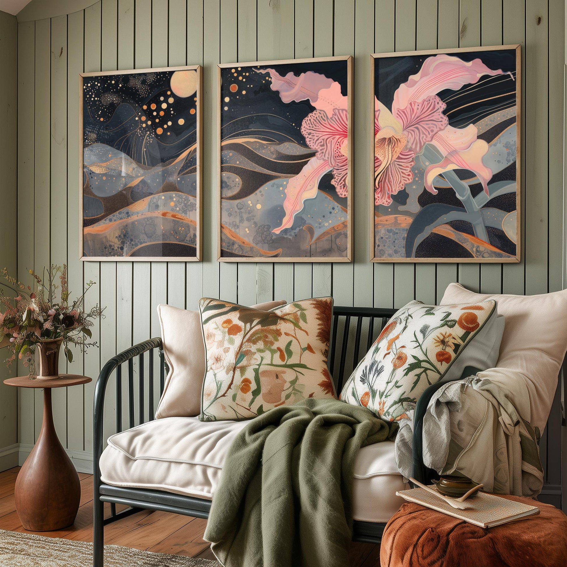 Pink Flower Sparkles and Moon Set of Three Art Prints - 3 Celestial Bloom Panels - Wall Art Poster Illustration Gift pinkbrot