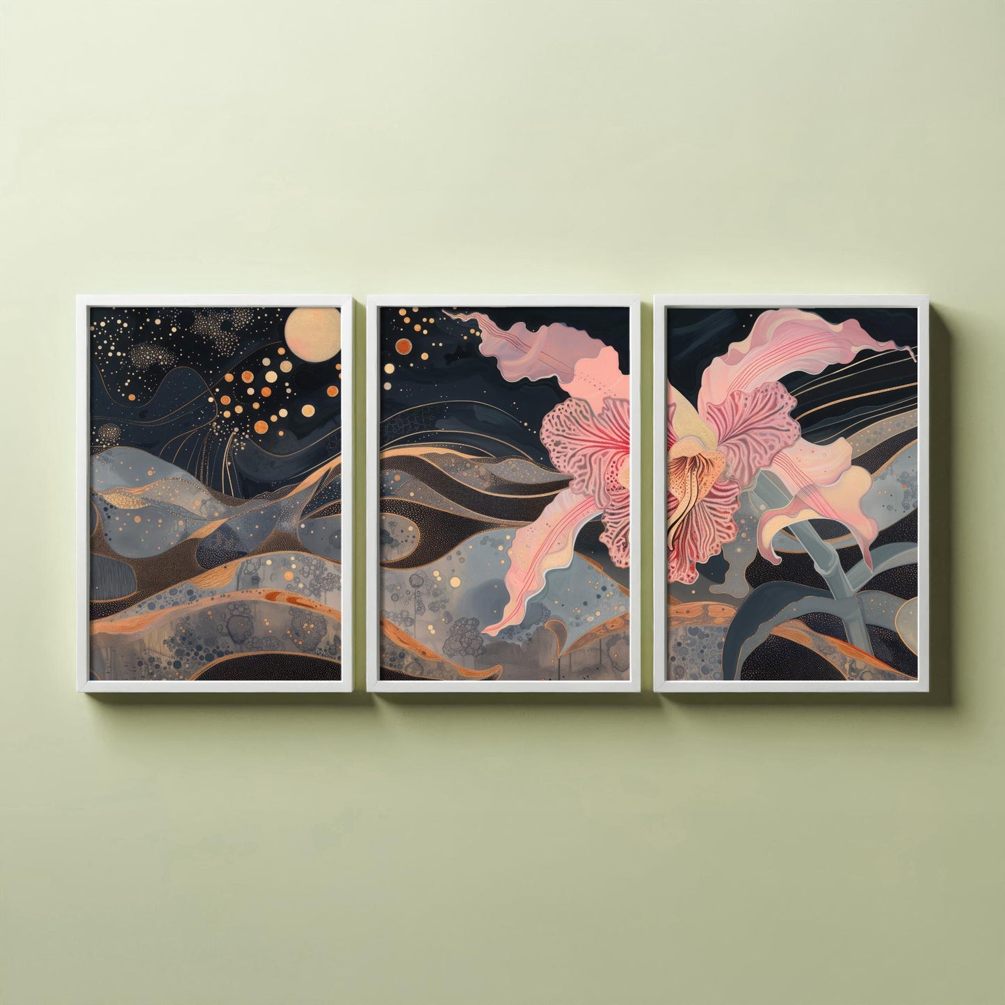 Pink Flower Sparkles and Moon Set of Three Art Prints - 3 Celestial Bloom Panels - Wall Art Poster Illustration Gift pinkbrot