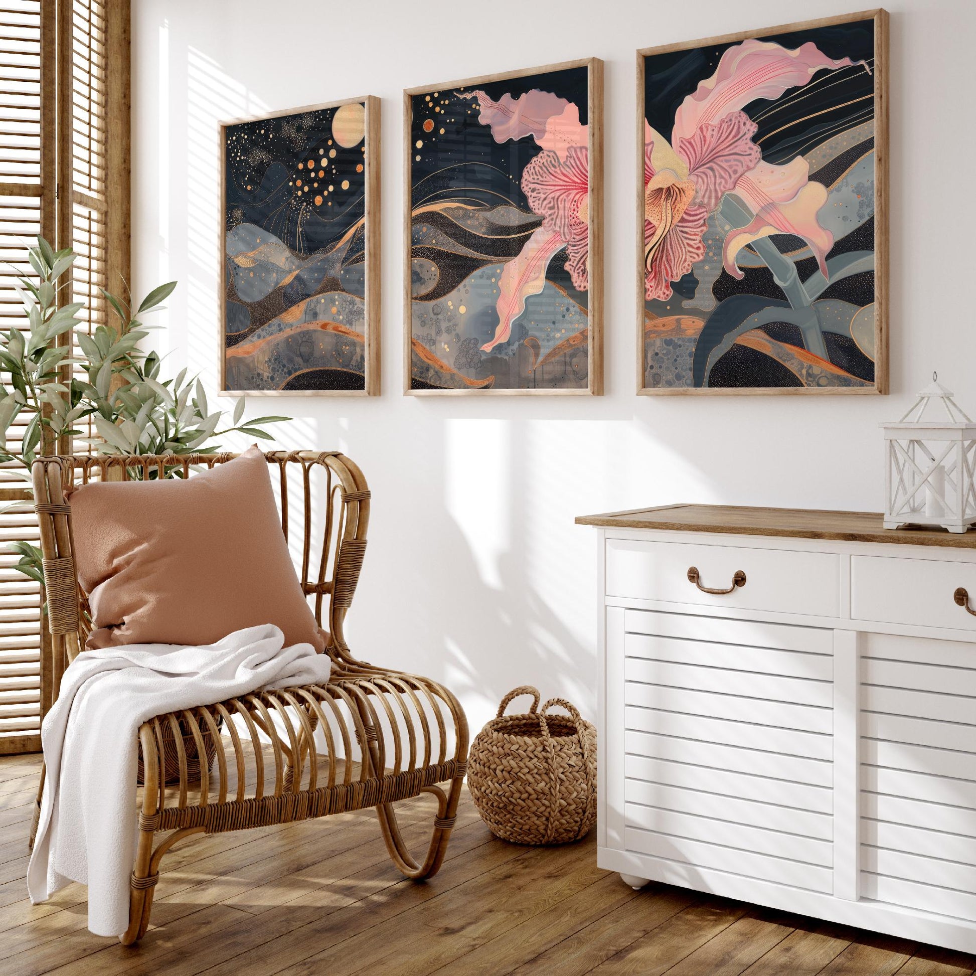 Pink Flower Sparkles and Moon Set of Three Art Prints - 3 Celestial Bloom Panels - Wall Art Poster Illustration Gift pinkbrot