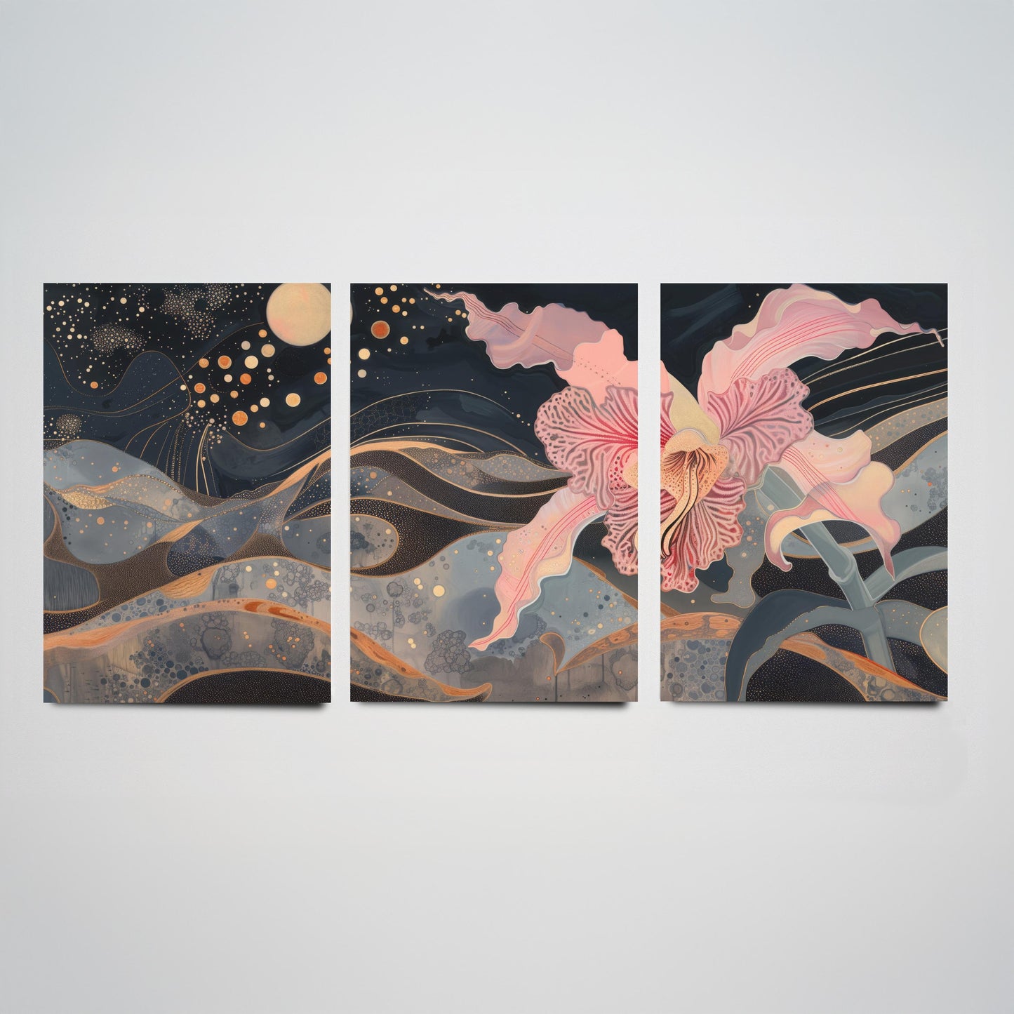 Pink Flower Sparkles and Moon Set of Three Art Prints - 3 Celestial Bloom Panels - Wall Art Poster Illustration Gift pinkbrot