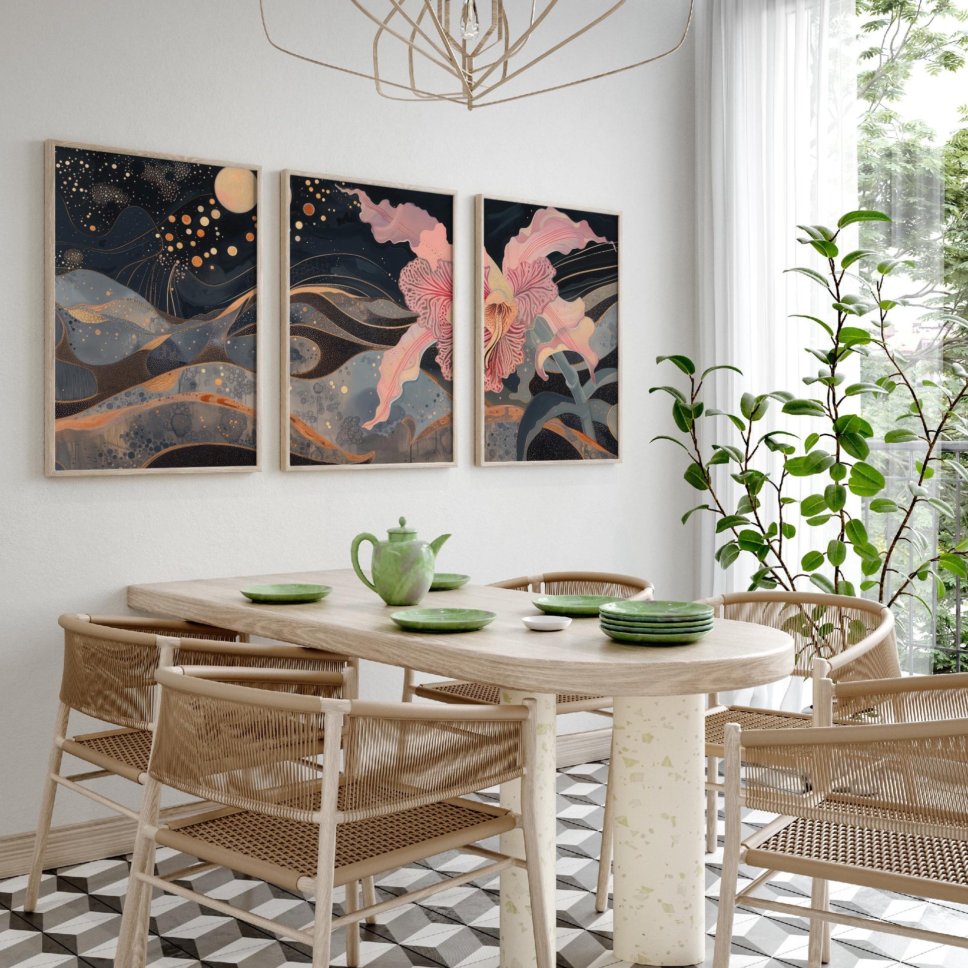 Pink Flower Sparkles and Moon Set of Three Art Prints - 3 Celestial Bloom Panels - Wall Art Poster Illustration Gift pinkbrot