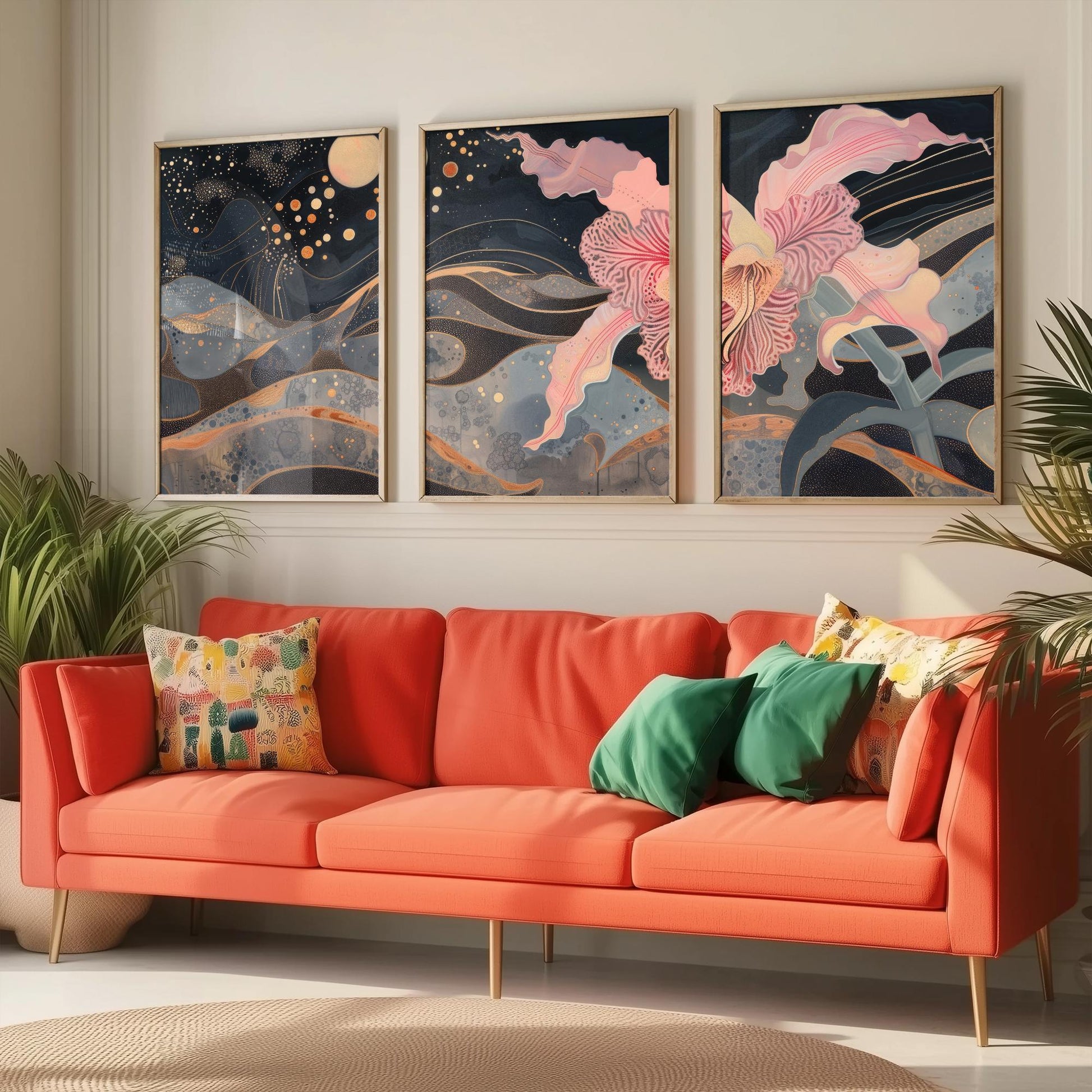 Pink Flower Sparkles and Moon Set of Three Art Prints - 3 Celestial Bloom Panels - Wall Art Poster Illustration Gift pinkbrot