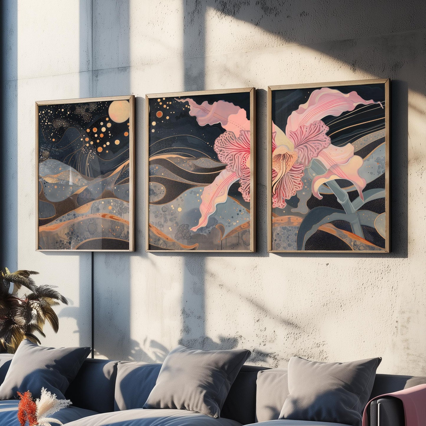 Pink Flower Sparkles and Moon Set of Three Art Prints - 3 Celestial Bloom Panels - Wall Art Poster Illustration Gift pinkbrot