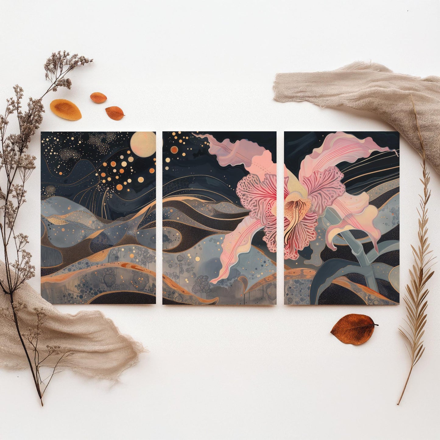 Pink Flower Sparkles and Moon Set of Three Art Prints - 3 Celestial Bloom Panels - Wall Art Poster Illustration Gift pinkbrot