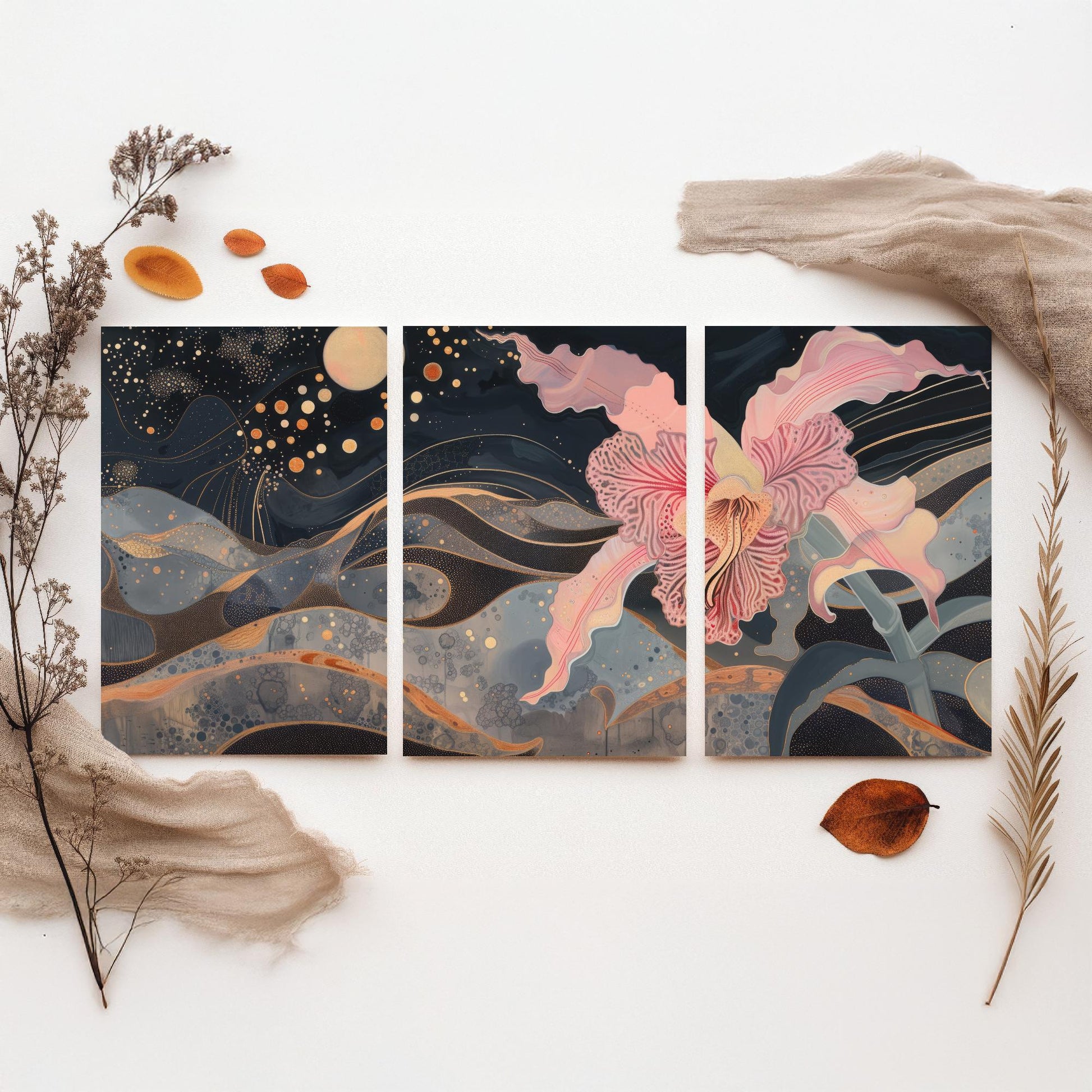 Pink Flower Sparkles and Moon Set of Three Art Prints - 3 Celestial Bloom Panels - Wall Art Poster Illustration Gift pinkbrot
