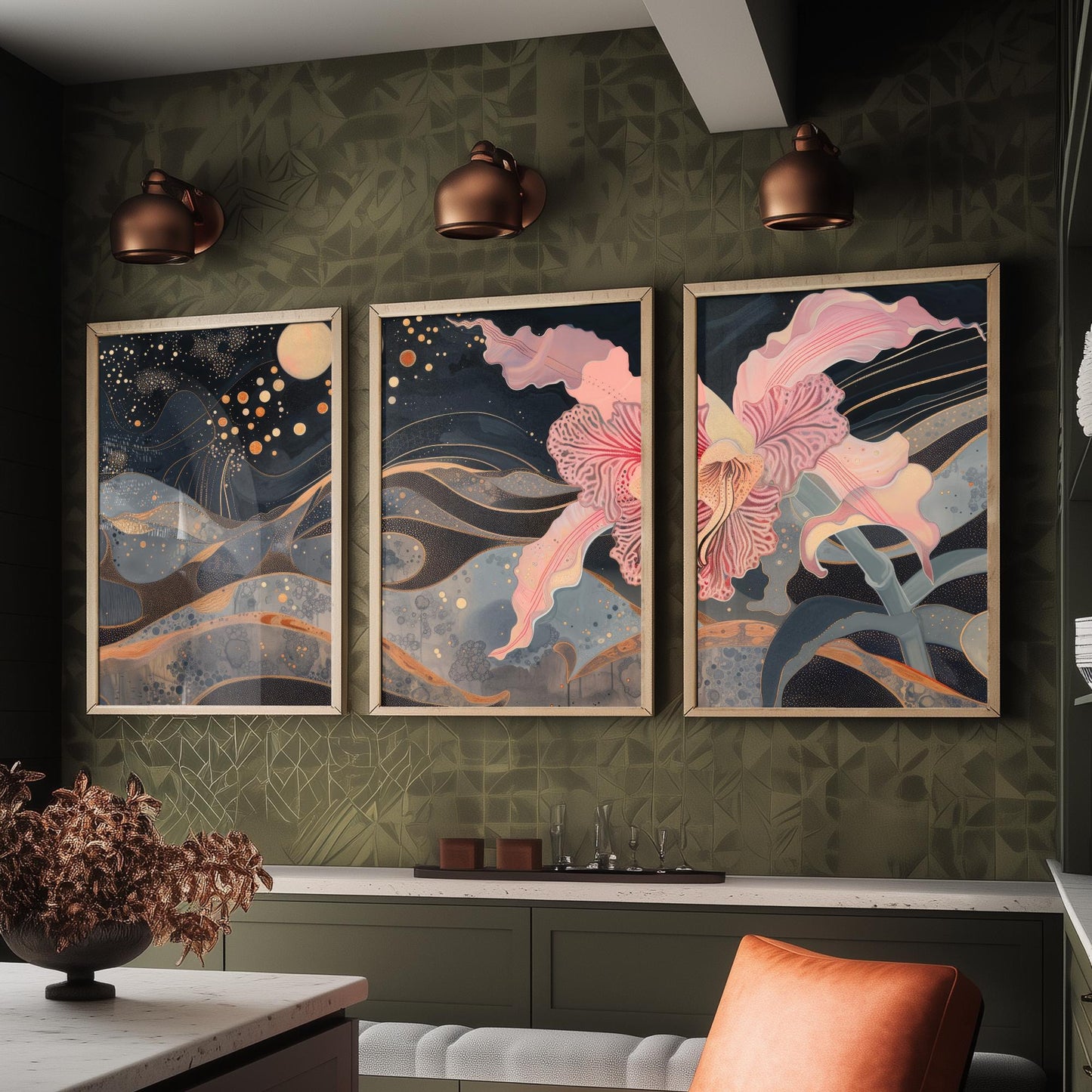 Pink Flower Sparkles and Moon Set of Three Art Prints - 3 Celestial Bloom Panels - Wall Art Poster Illustration Gift pinkbrot