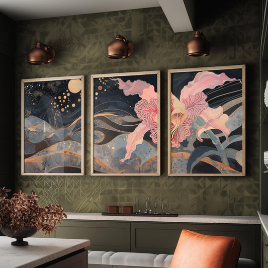 Pink Flower Sparkles and Moon Set of Three Art Prints - 3 Celestial Bloom Panels - Wall Art Poster Illustration Gift pinkbrot