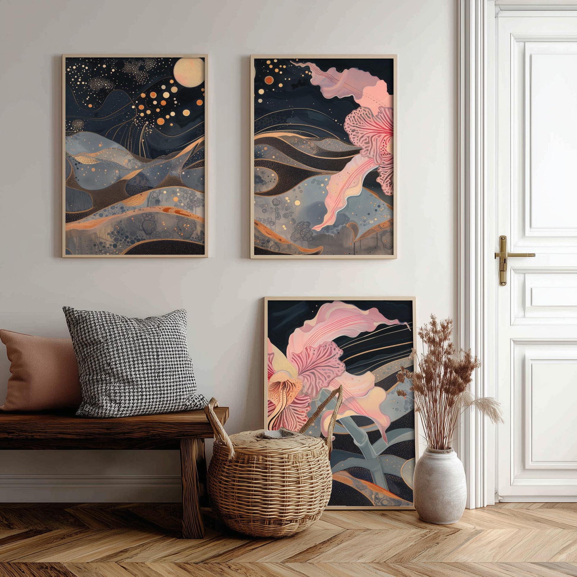 Pink Flower Sparkles and Moon Set of Three Art Prints - 3 Celestial Bloom Panels - Wall Art Poster Illustration Gift pinkbrot