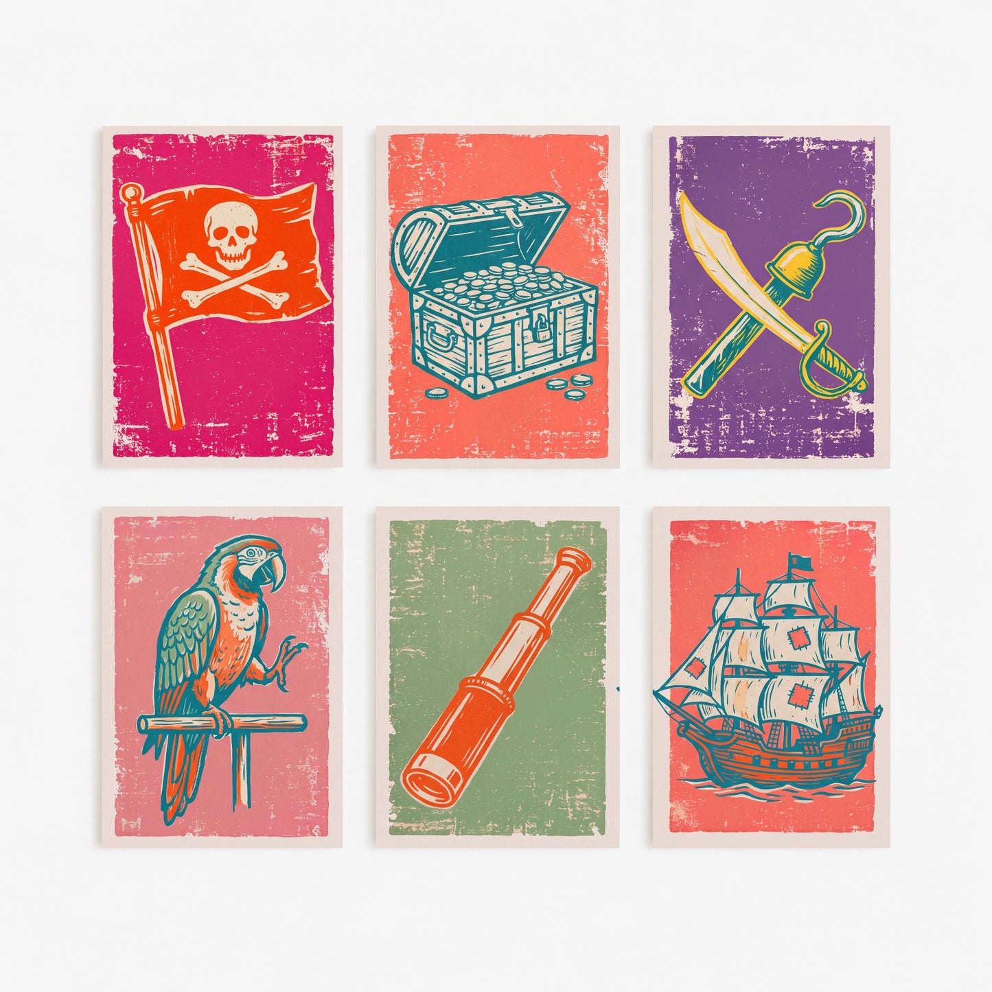 Set of Six Pirates Linocut Art Prints - 6 Pirate Illustrations - Jolly Roger, Treasure Chest, Cutlass, Parrot, Spyglass, Galleon Posters