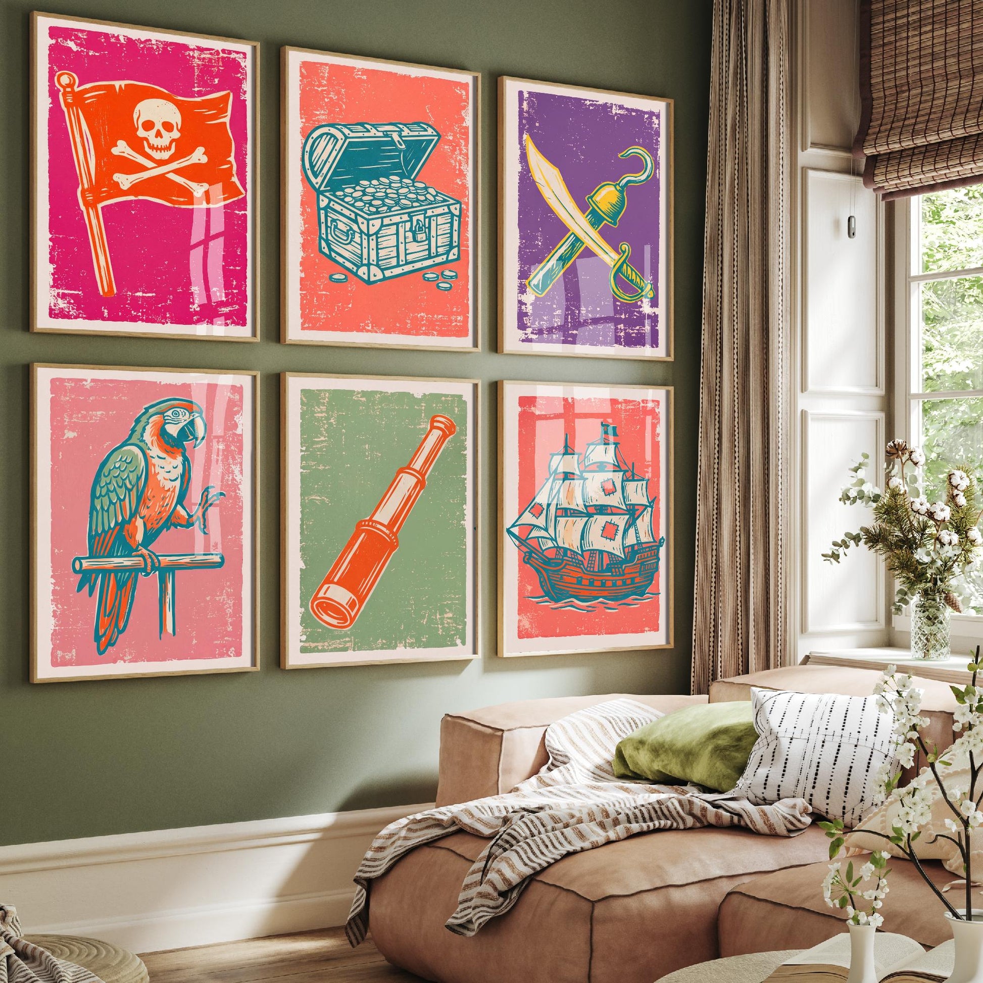 Set of Six Pirates Linocut Art Prints - 6 Pirate Illustrations - Jolly Roger, Treasure Chest, Cutlass, Parrot, Spyglass, Galleon Posters
