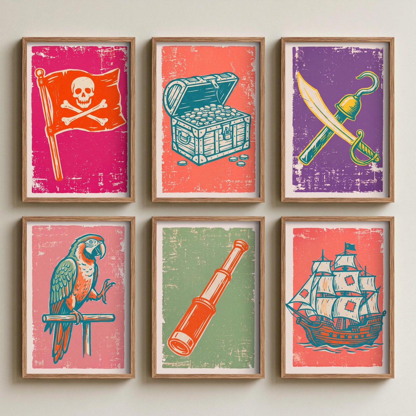 Set of Six Pirates Linocut Art Prints - 6 Pirate Illustrations - Jolly Roger, Treasure Chest, Cutlass, Parrot, Spyglass, Galleon Posters