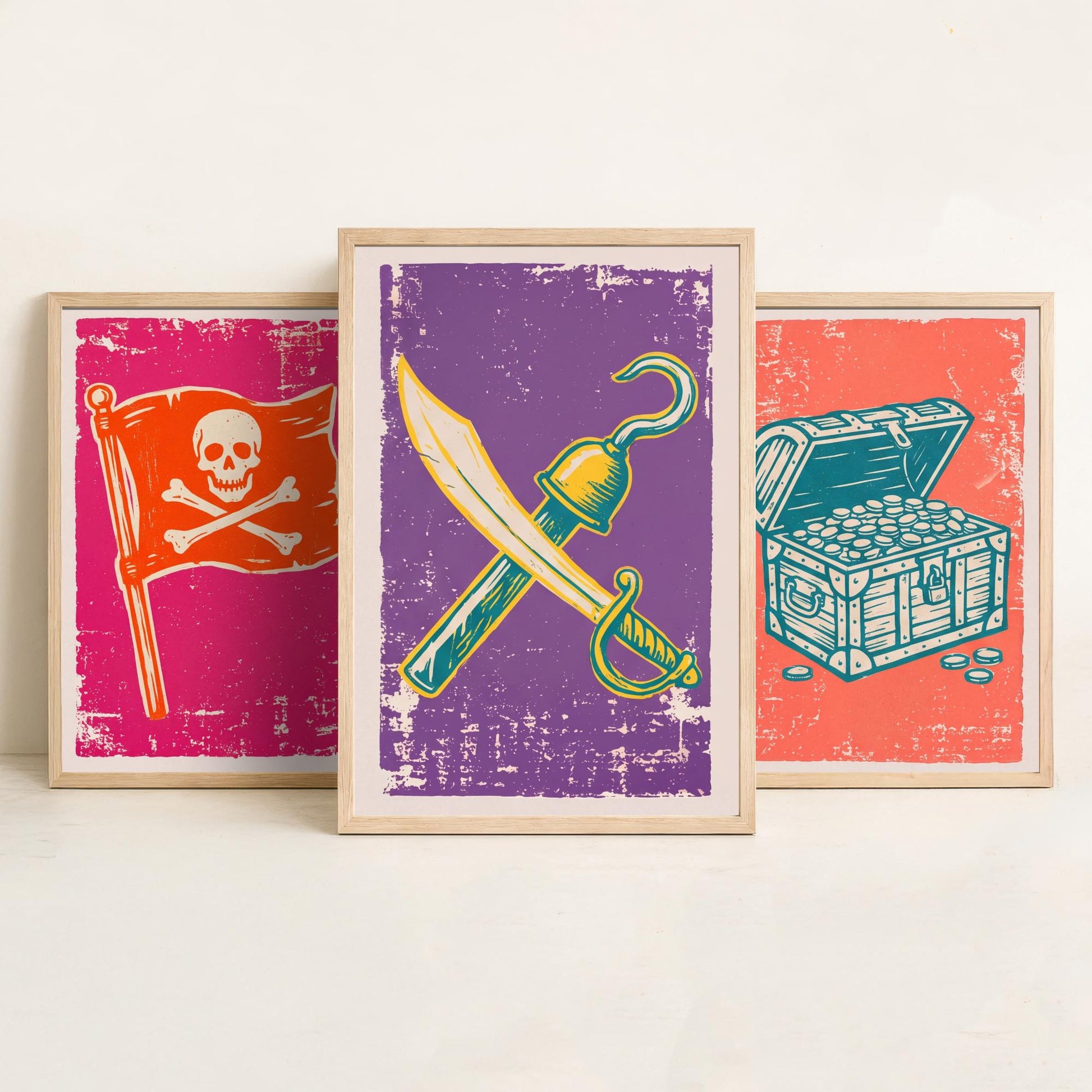 Jolly Roger, Treasure Chest & Cutlass - Set of Three Pirate Art Prints - Linocut Illustrations - Kids Pirate Posters V1