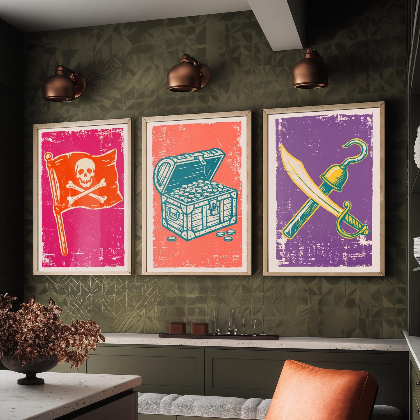 Jolly Roger, Treasure Chest & Cutlass - Set of Three Pirate Art Prints - Linocut Illustrations - Kids Pirate Posters V1