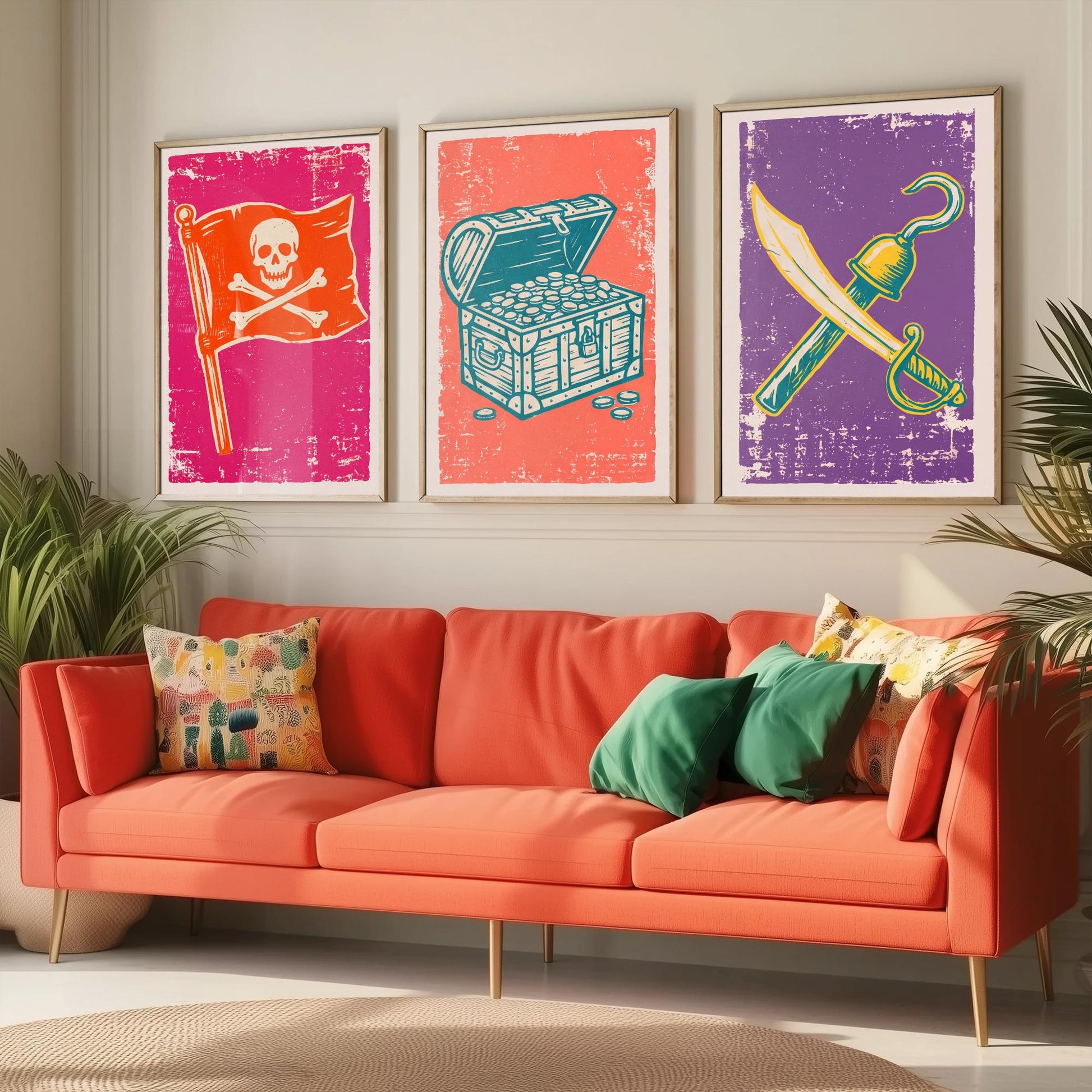 Jolly Roger, Treasure Chest & Cutlass - Set of Three Pirate Art Prints - Linocut Illustrations - Kids Pirate Posters V1