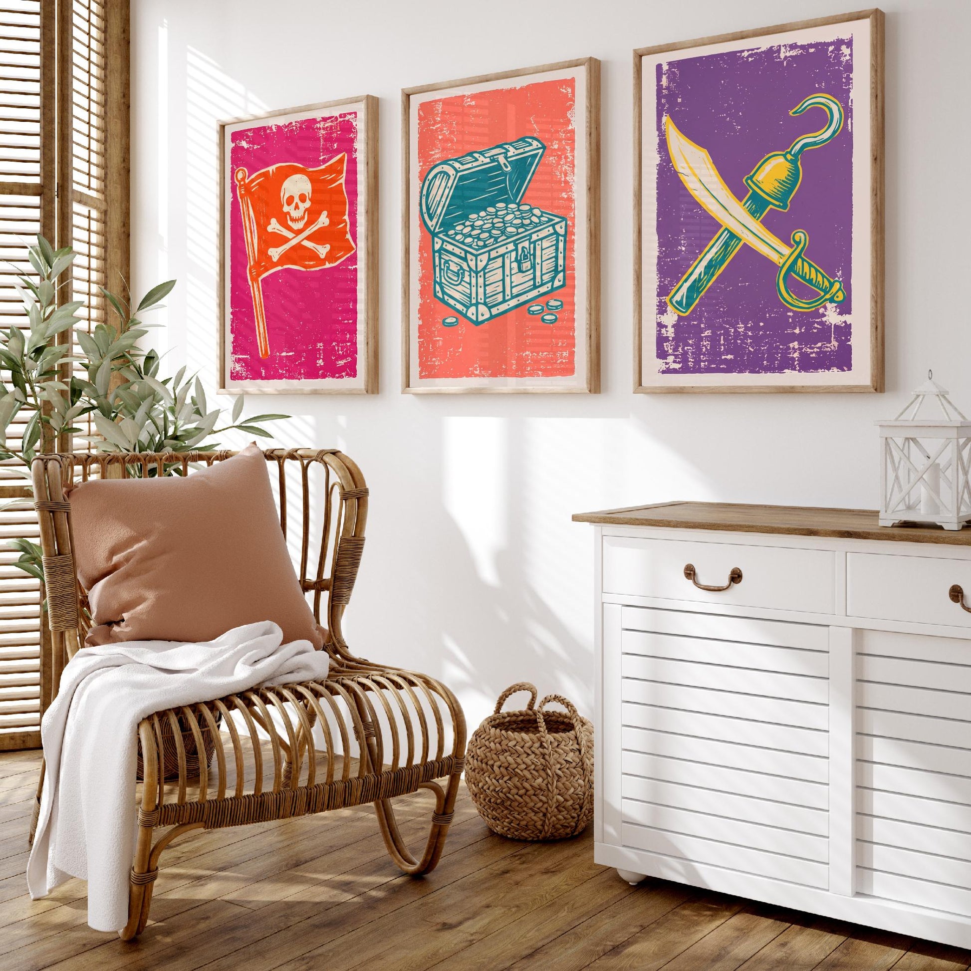 Jolly Roger, Treasure Chest & Cutlass - Set of Three Pirate Art Prints - Linocut Illustrations - Kids Pirate Posters V1