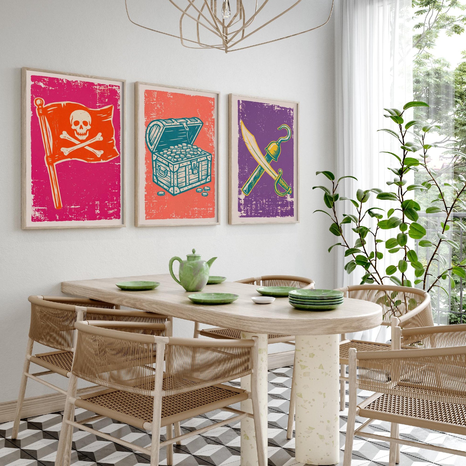 Jolly Roger, Treasure Chest & Cutlass - Set of Three Pirate Art Prints - Linocut Illustrations - Kids Pirate Posters V1