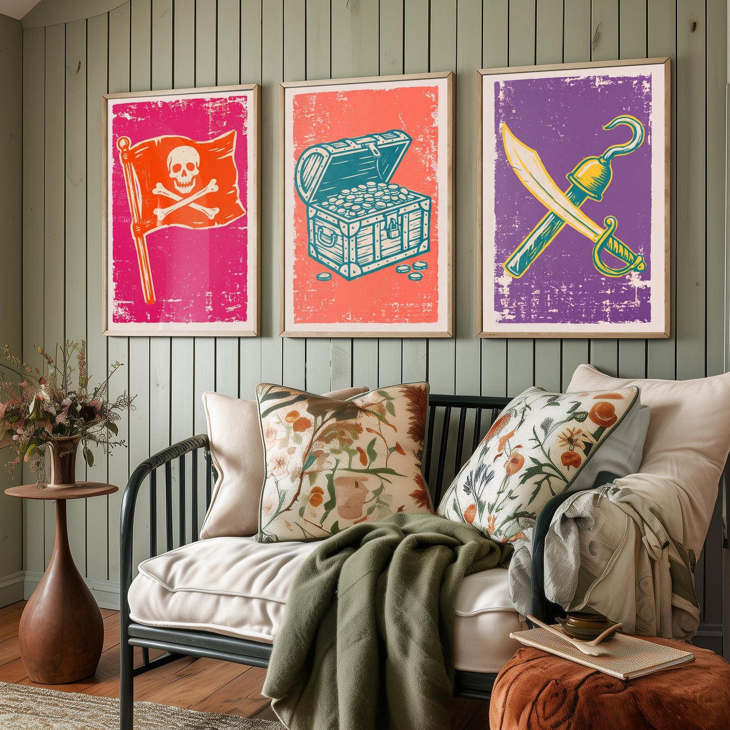 Jolly Roger, Treasure Chest & Cutlass - Set of Three Pirate Art Prints - Linocut Illustrations - Kids Pirate Posters V1