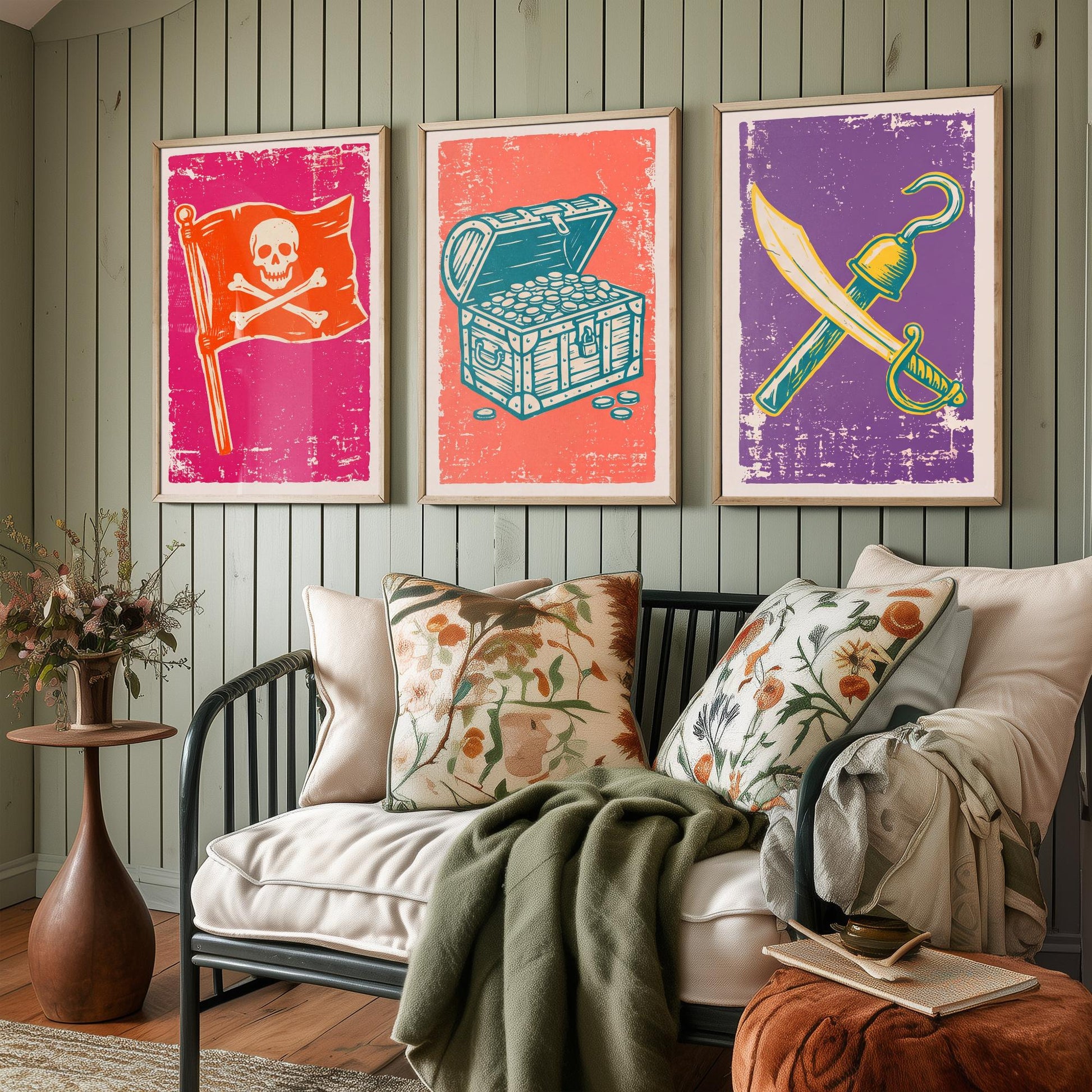 Jolly Roger, Treasure Chest & Cutlass - Set of Three Pirate Art Prints - Linocut Illustrations - Kids Pirate Posters V1