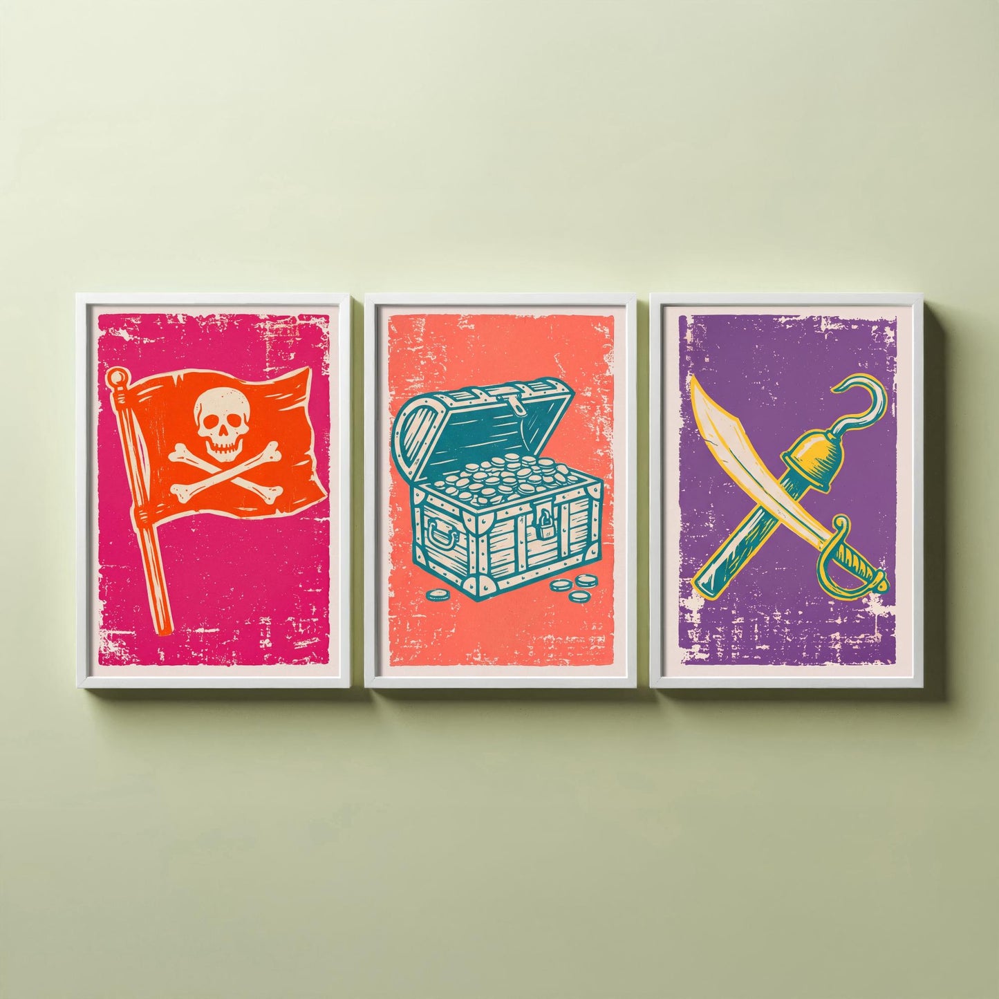 Jolly Roger, Treasure Chest & Cutlass - Set of Three Pirate Art Prints - Linocut Illustrations - Kids Pirate Posters V1