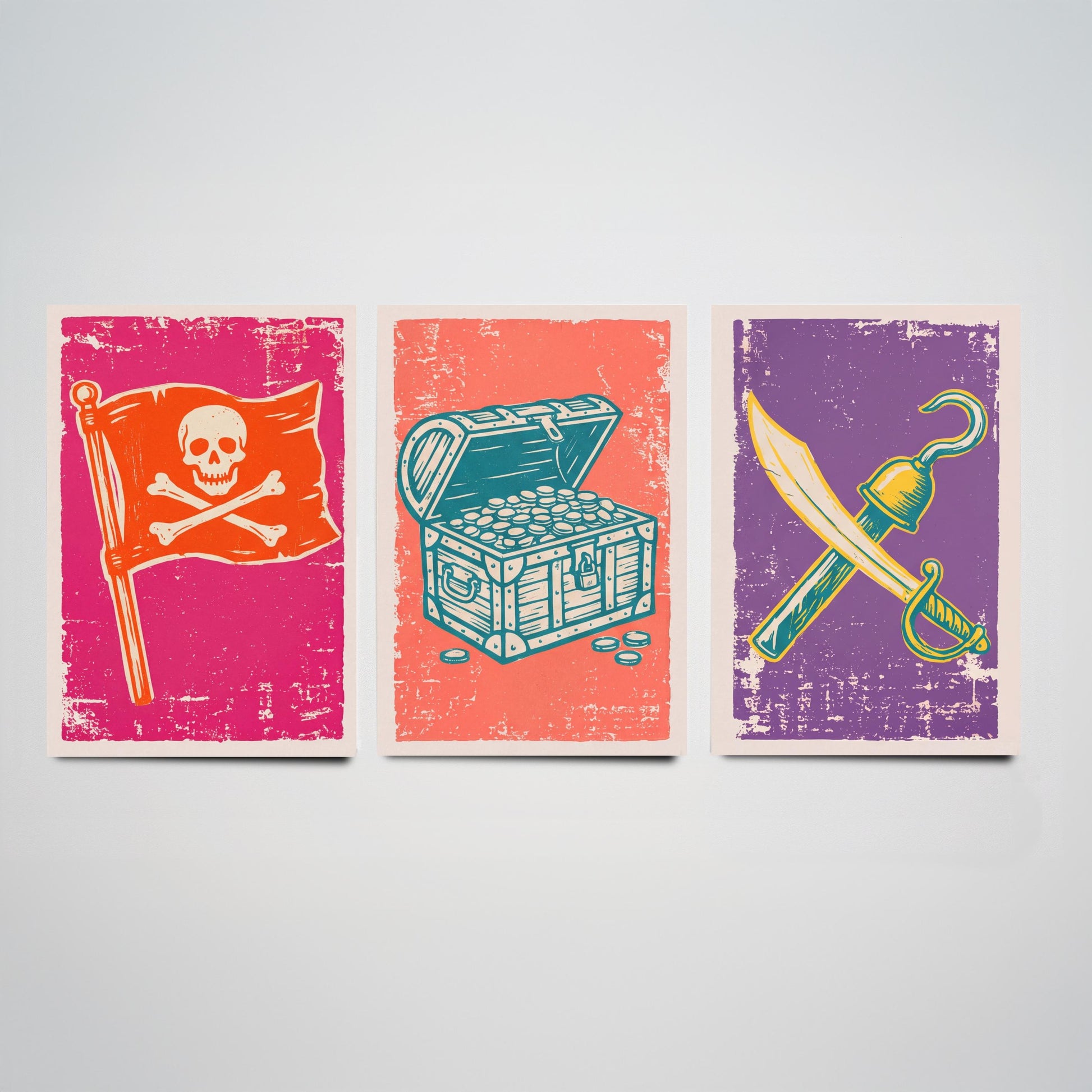 Jolly Roger, Treasure Chest & Cutlass - Set of Three Pirate Art Prints - Linocut Illustrations - Kids Pirate Posters V1