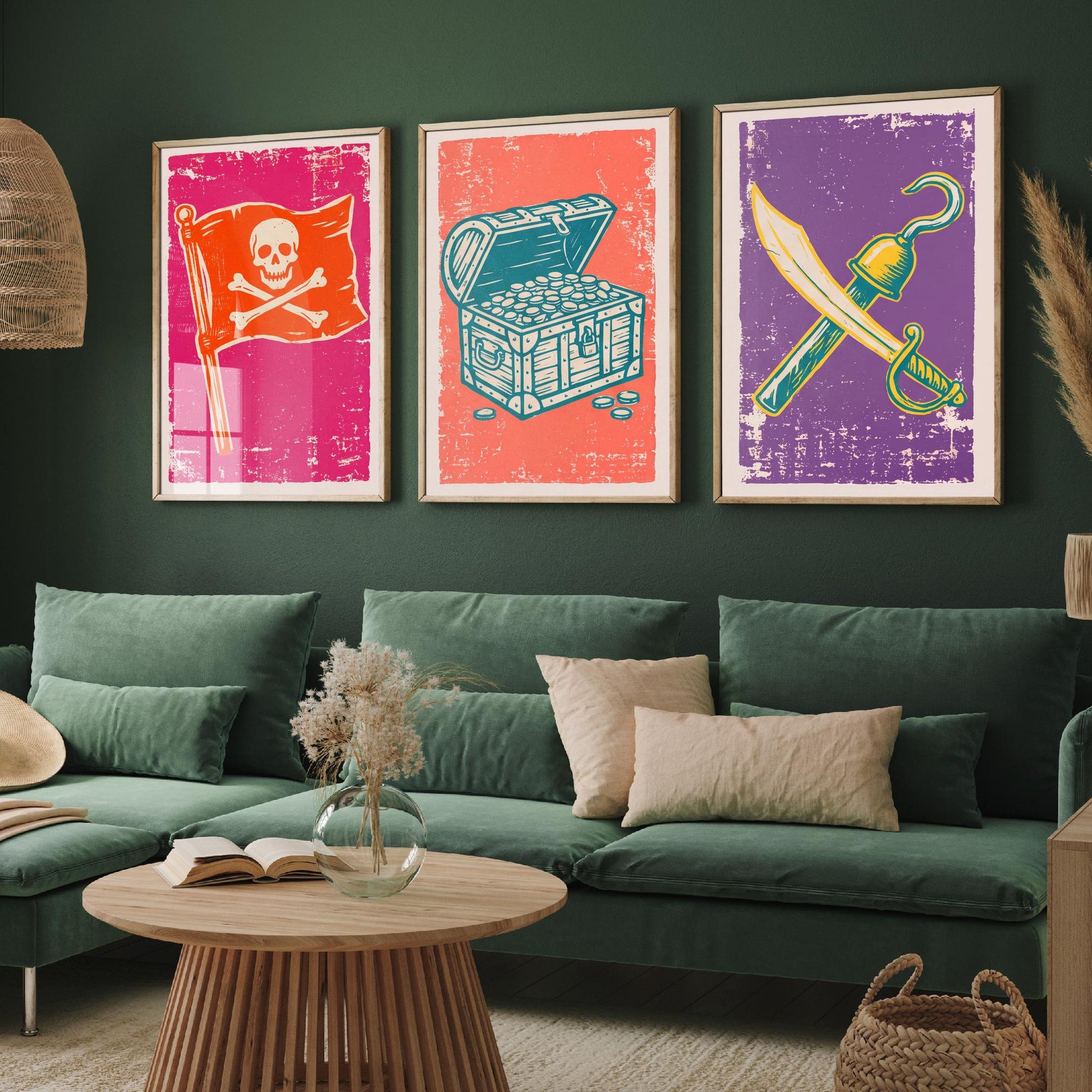 Jolly Roger, Treasure Chest & Cutlass - Set of Three Pirate Art Prints - Linocut Illustrations - Kids Pirate Posters V1