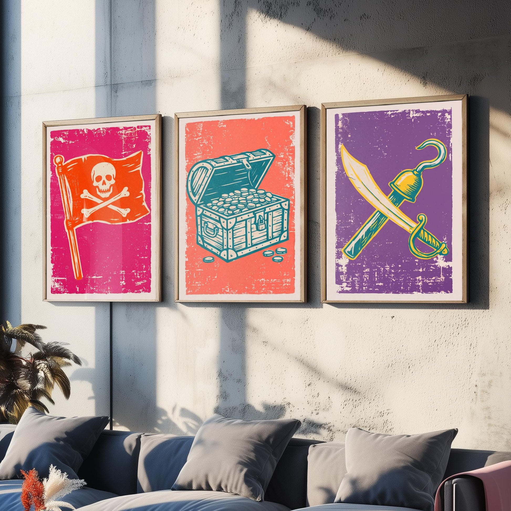 Jolly Roger, Treasure Chest & Cutlass - Set of Three Pirate Art Prints - Linocut Illustrations - Kids Pirate Posters V1