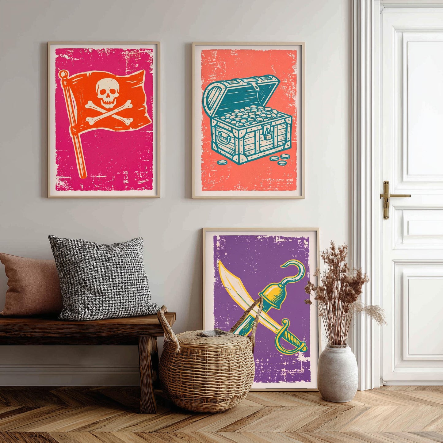 Jolly Roger, Treasure Chest & Cutlass - Set of Three Pirate Art Prints - Linocut Illustrations - Kids Pirate Posters V1