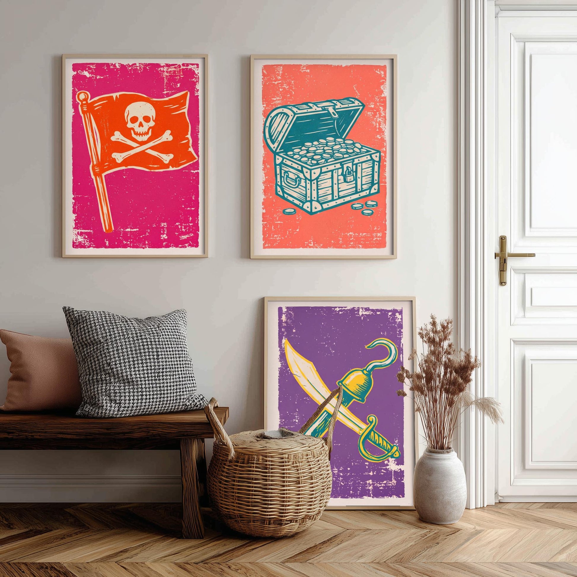 Jolly Roger, Treasure Chest & Cutlass - Set of Three Pirate Art Prints - Linocut Illustrations - Kids Pirate Posters V1