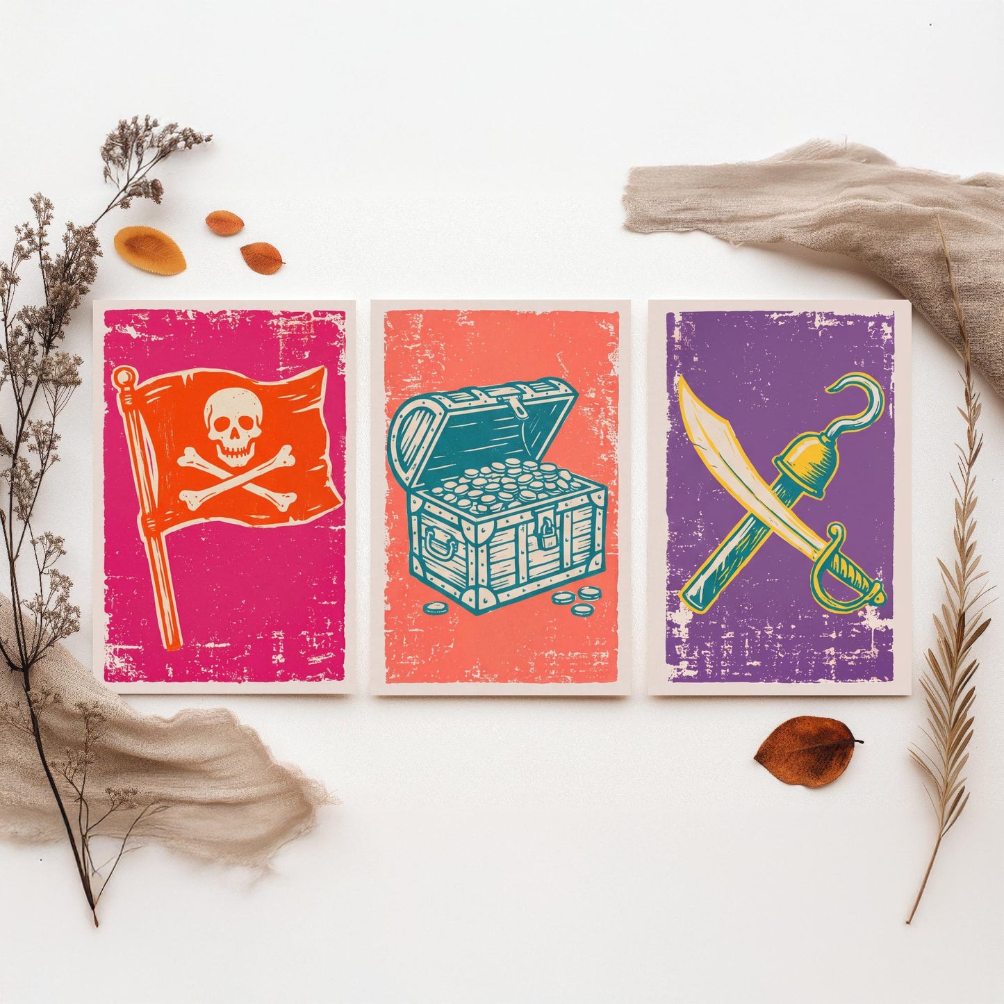 Jolly Roger, Treasure Chest & Cutlass - Set of Three Pirate Art Prints - Linocut Illustrations - Kids Pirate Posters V1
