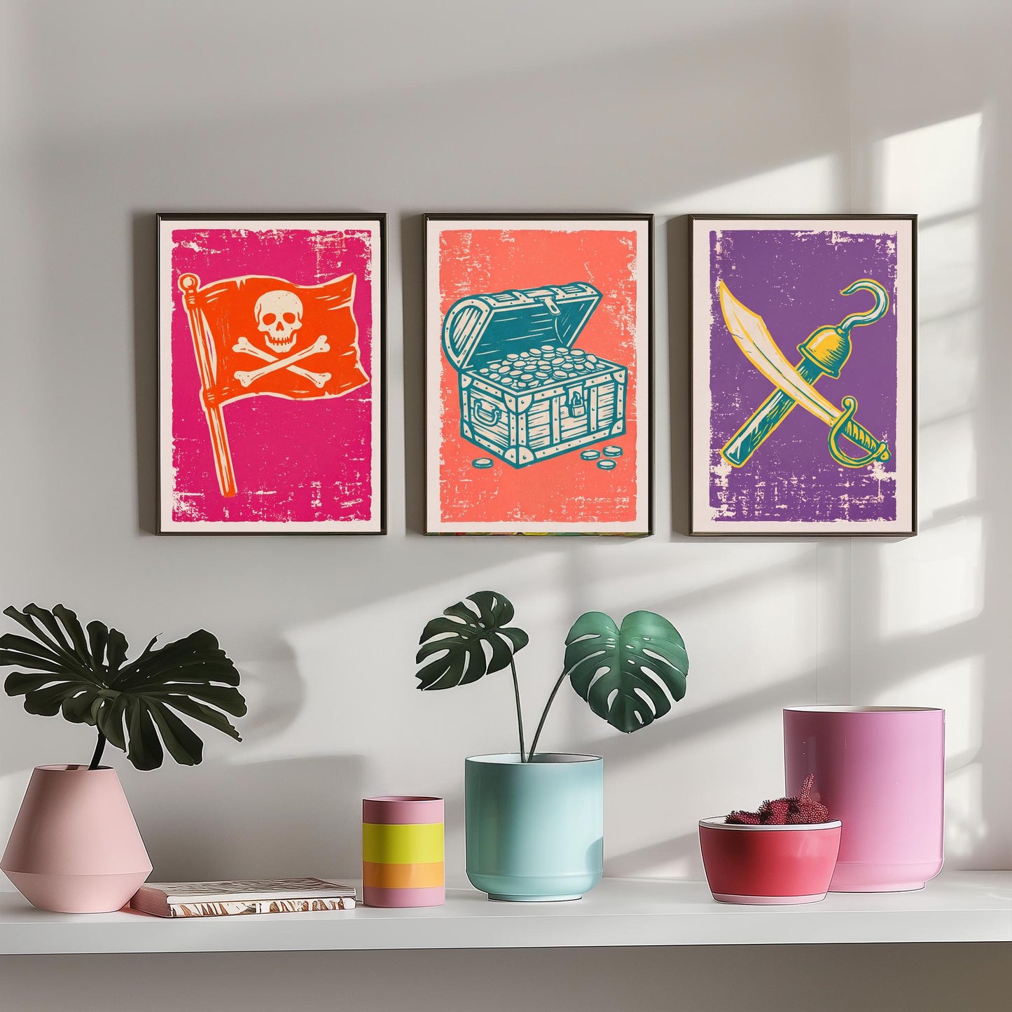 Jolly Roger, Treasure Chest & Cutlass - Set of Three Pirate Art Prints - Linocut Illustrations - Kids Pirate Posters V1
