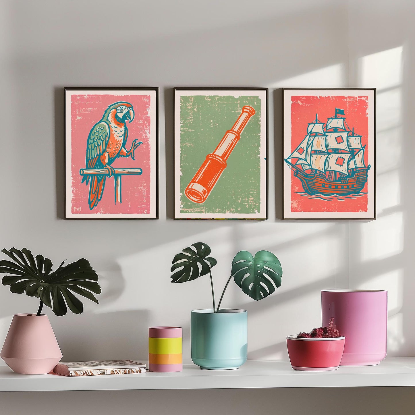 Parrot, Spyglass & Galleon - Set of Three Pirate Art Prints - Linocut Illustrations - Kids Pirate Posters V2