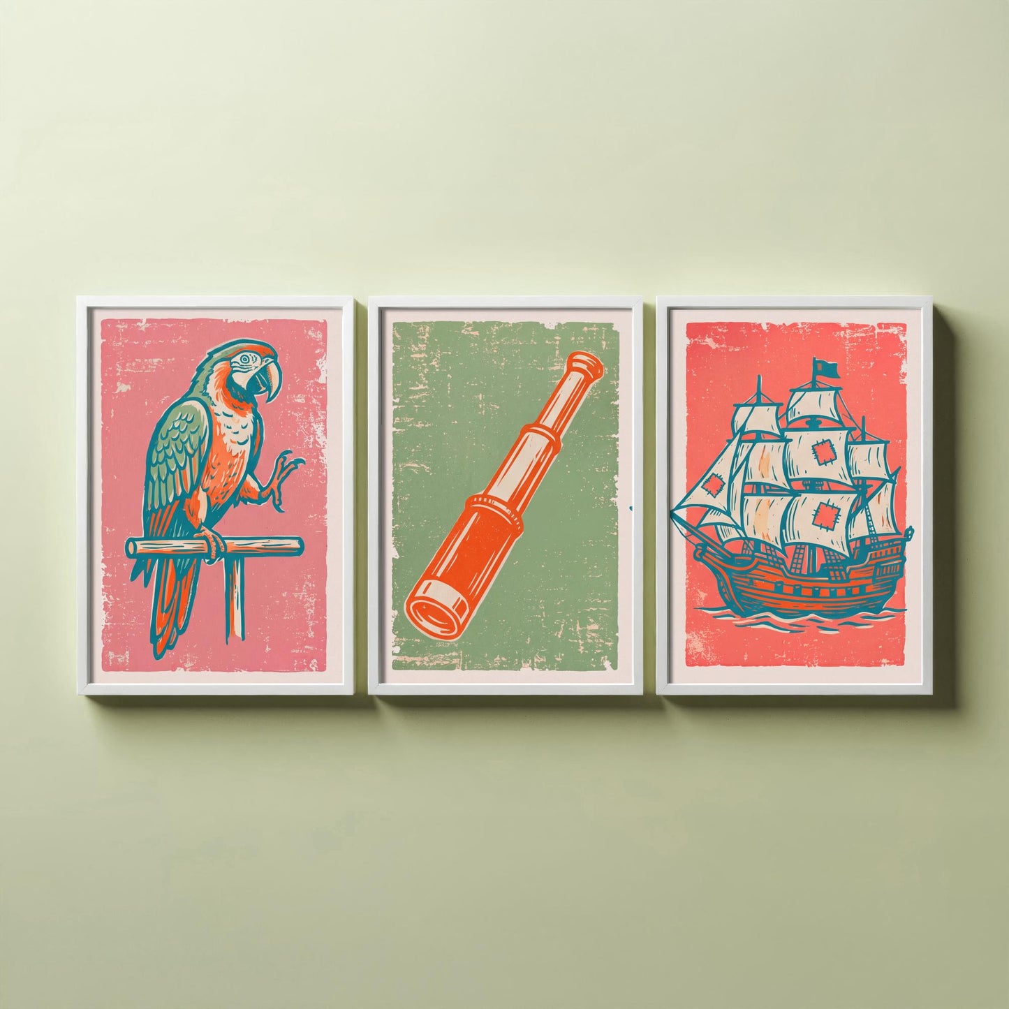 Parrot, Spyglass & Galleon - Set of Three Pirate Art Prints - Linocut Illustrations - Kids Pirate Posters V2