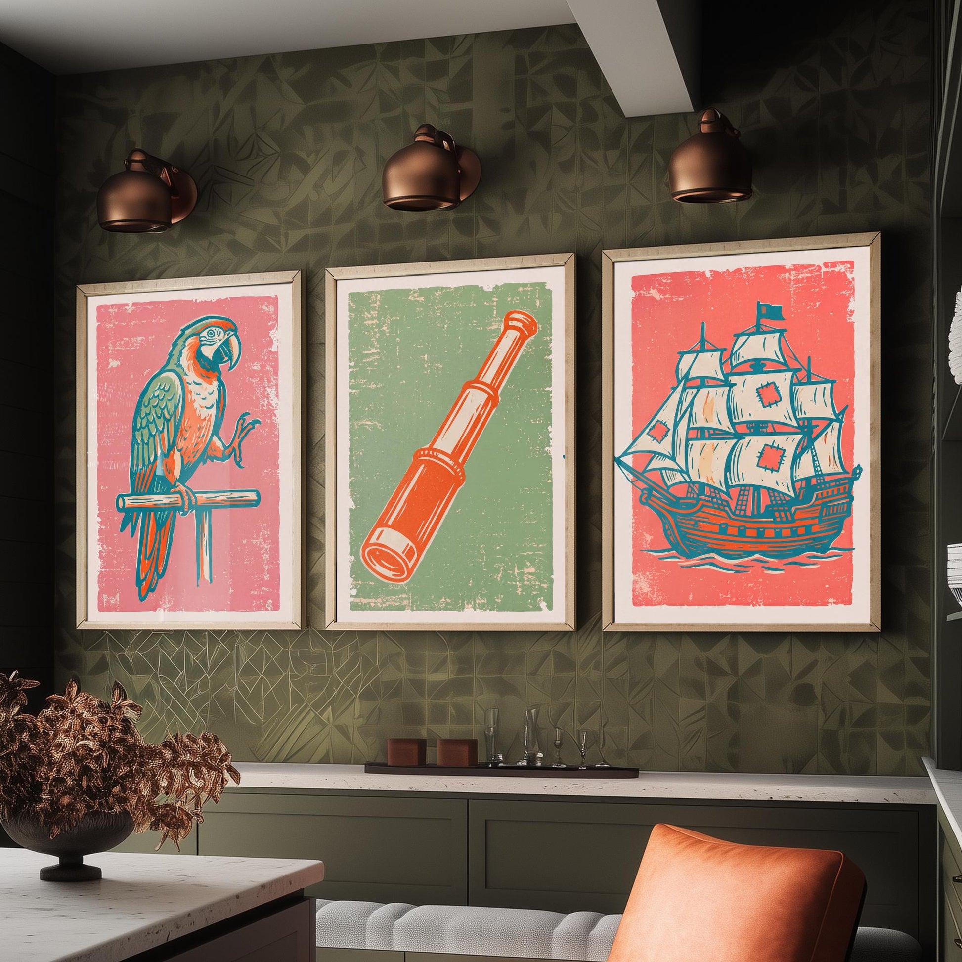 Parrot, Spyglass & Galleon - Set of Three Pirate Art Prints - Linocut Illustrations - Kids Pirate Posters V2