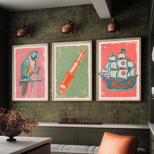 Parrot, Spyglass & Galleon - Set of Three Pirate Art Prints - Linocut Illustrations - Kids Pirate Posters V2