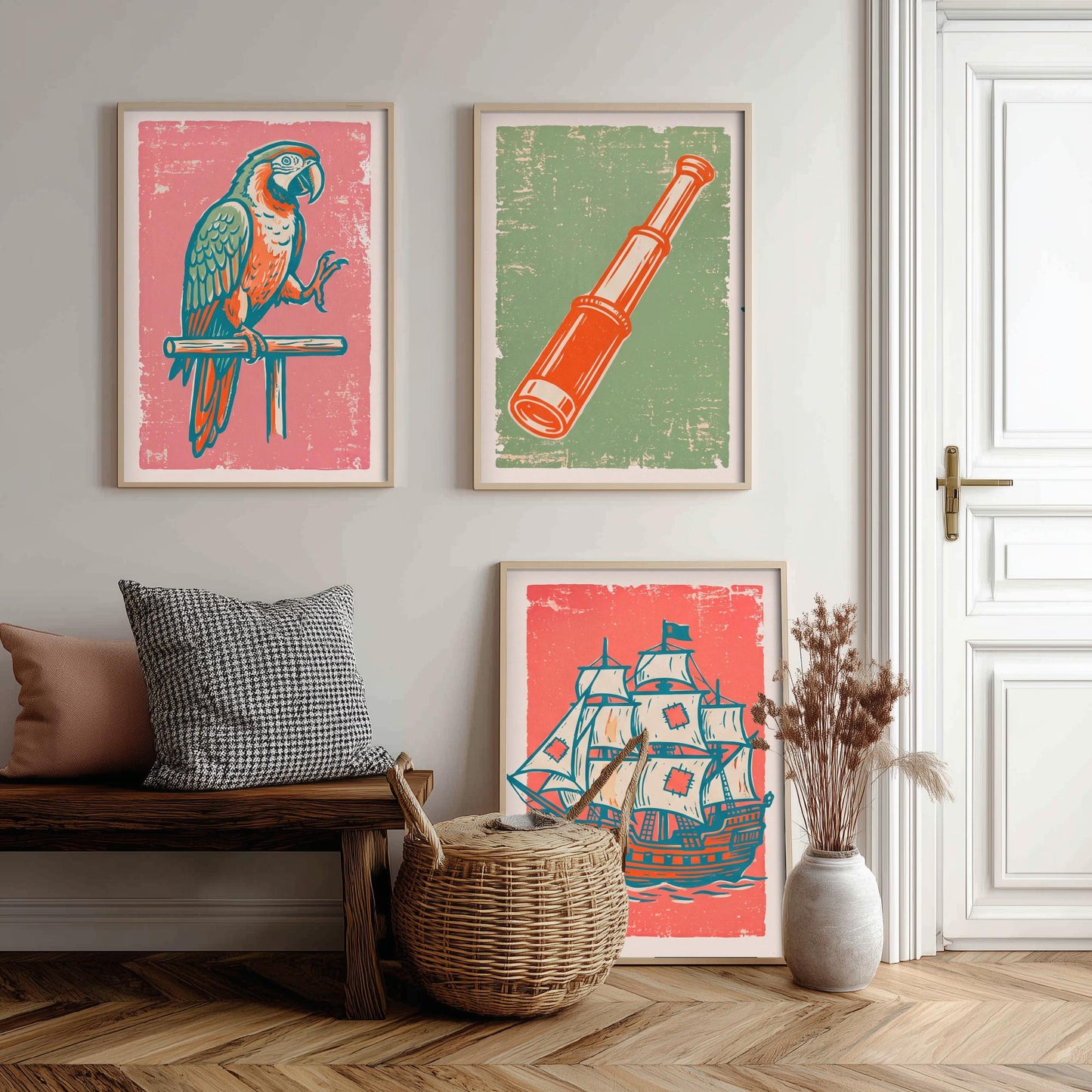 Parrot, Spyglass & Galleon - Set of Three Pirate Art Prints - Linocut Illustrations - Kids Pirate Posters V2