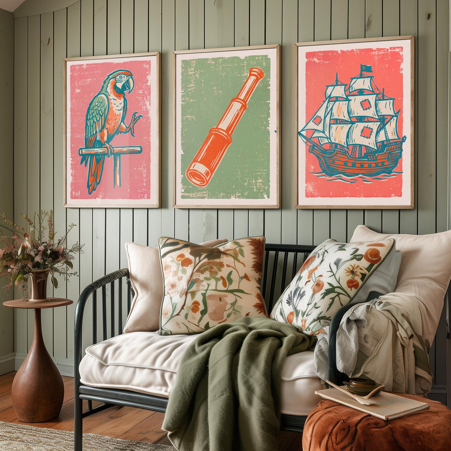Parrot, Spyglass & Galleon - Set of Three Pirate Art Prints - Linocut Illustrations - Kids Pirate Posters V2
