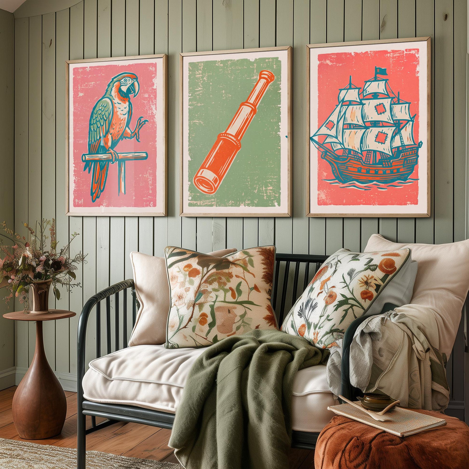 Parrot, Spyglass & Galleon - Set of Three Pirate Art Prints - Linocut Illustrations - Kids Pirate Posters V2