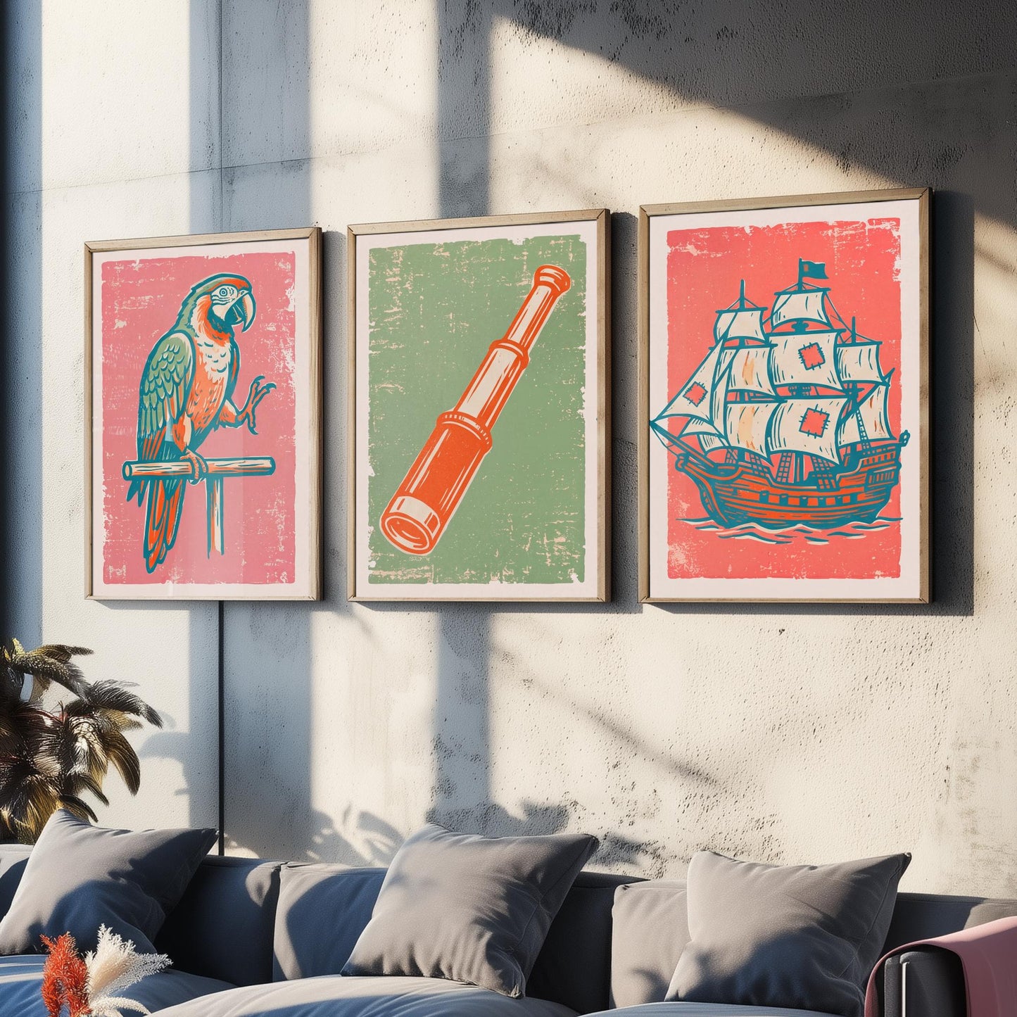 Parrot, Spyglass & Galleon - Set of Three Pirate Art Prints - Linocut Illustrations - Kids Pirate Posters V2