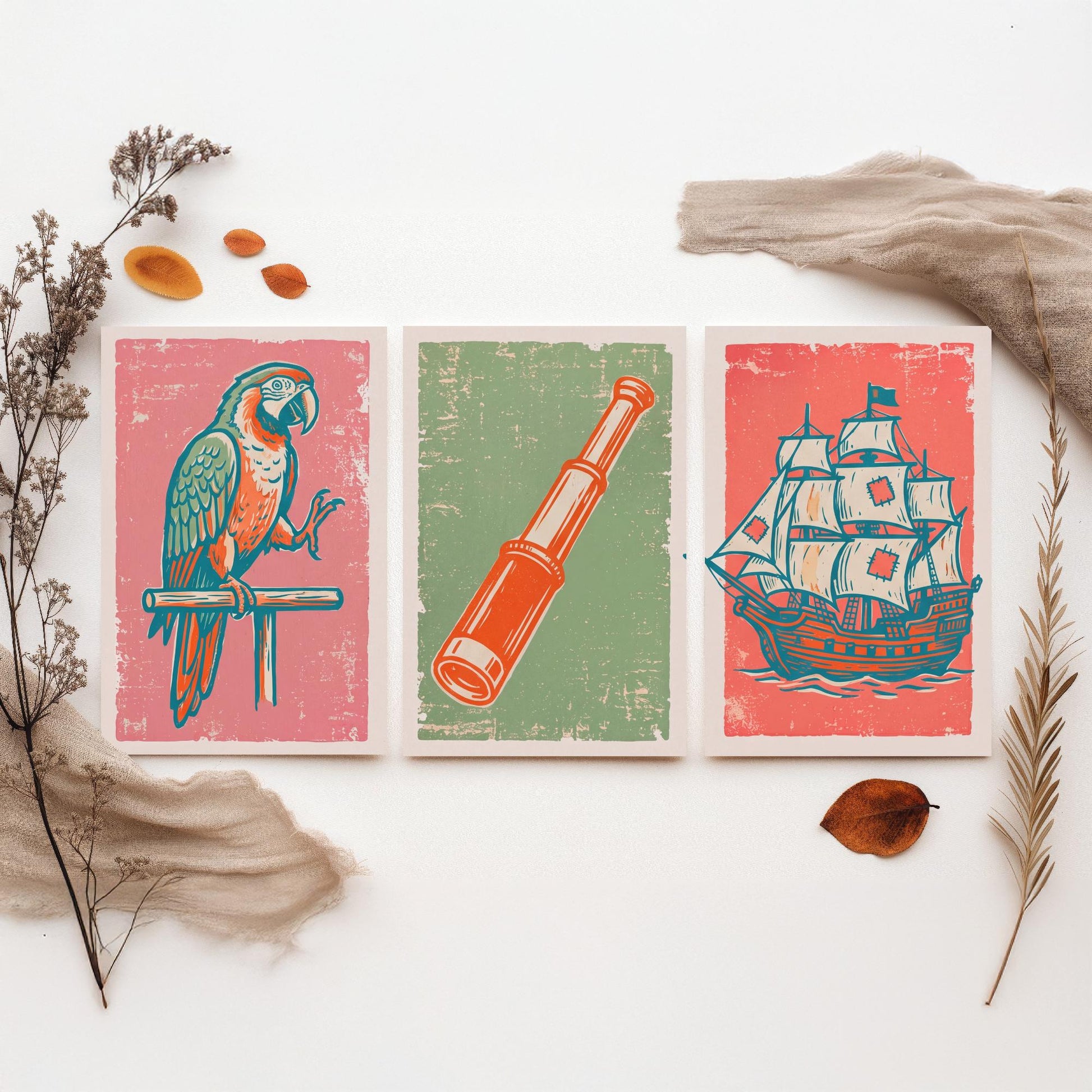 Parrot, Spyglass & Galleon - Set of Three Pirate Art Prints - Linocut Illustrations - Kids Pirate Posters V2