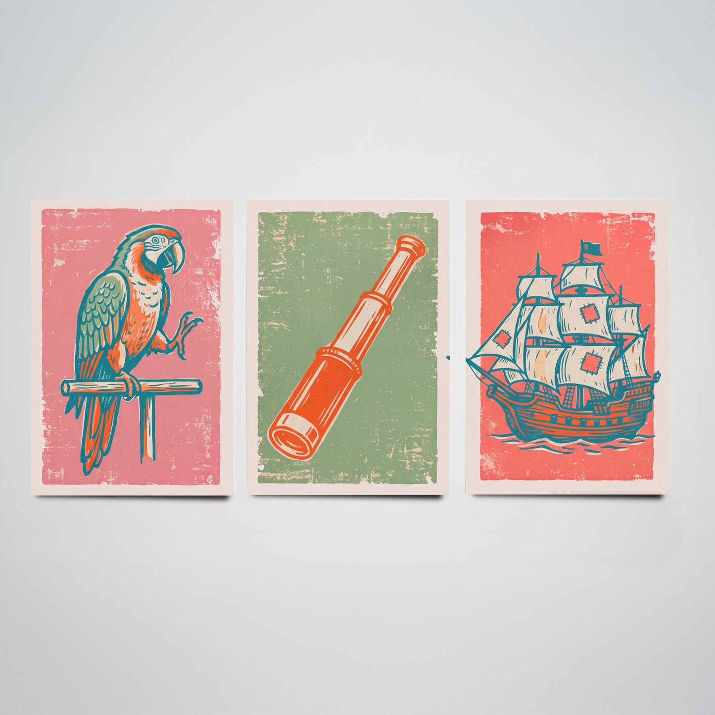 Parrot, Spyglass & Galleon - Set of Three Pirate Art Prints - Linocut Illustrations - Kids Pirate Posters V2
